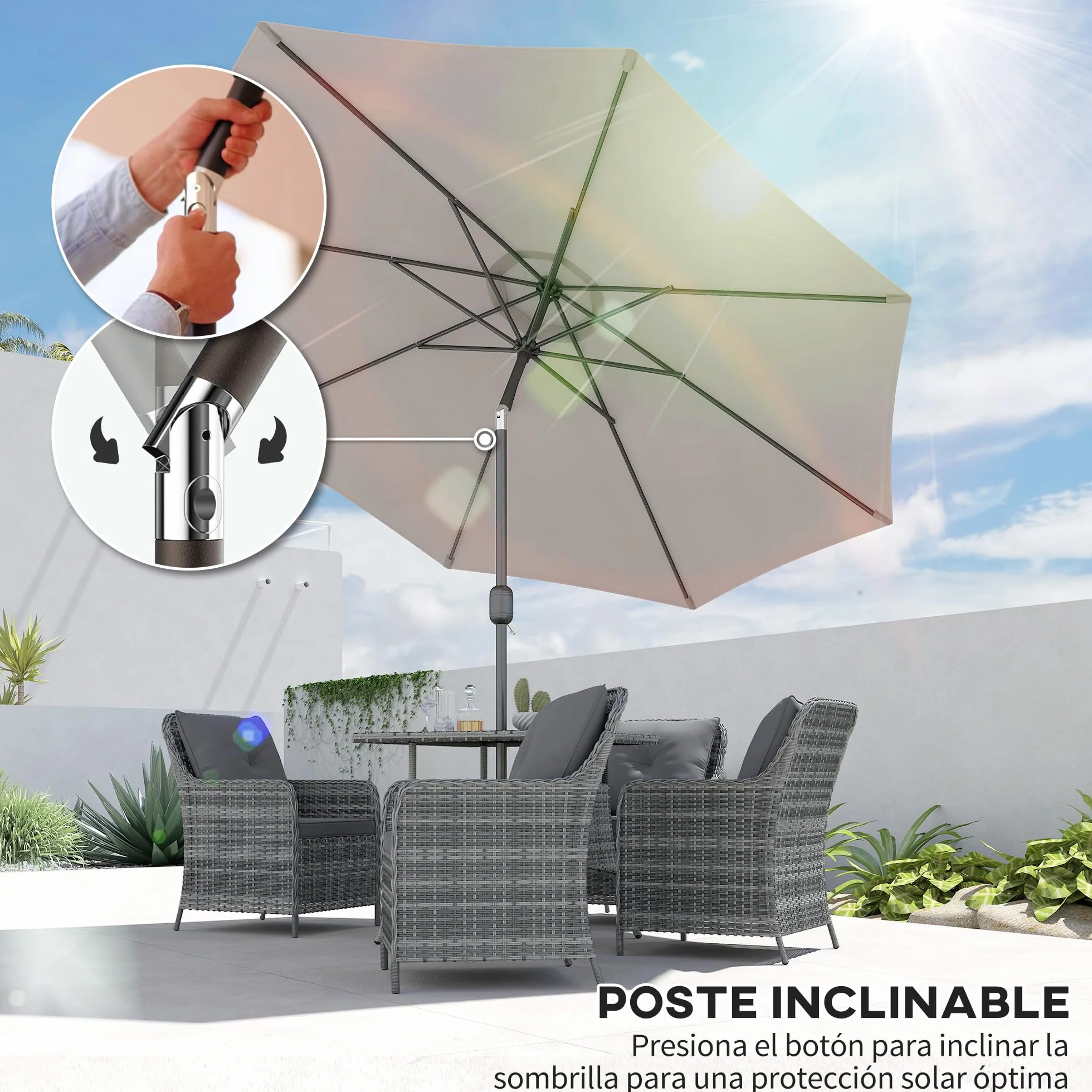 Outsunny Sombrilla de Jardín Ø300x250 cm con Manivela Parasol Exterior con Mecanismo de Inclinación y Poste Desmontable de Metal para Terraza Piscina Patio