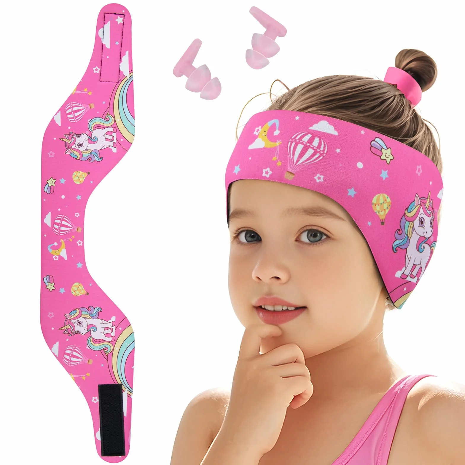 Banda de Natación para Niños con Protección Auditiva, Cinta Elástica para Deportes Acuáticos (Rosa, M)