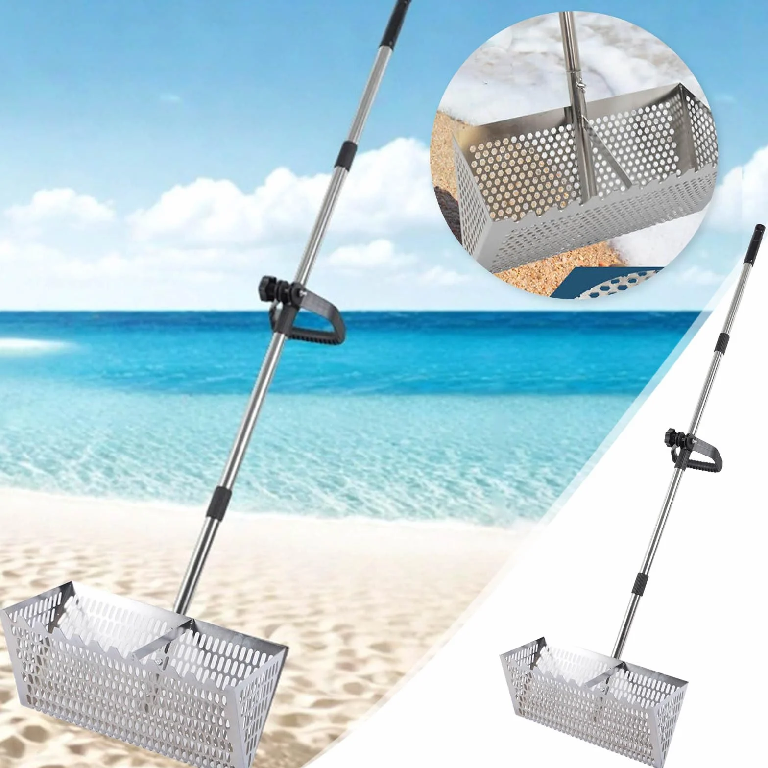 Rasca de arena, pala de arena de playa de acero al carbono con cesta trapezoidal ancha, pala de arena para detector de metales, con mango largo desmontable plegable de 40 cm, dientes afilados, tamiz