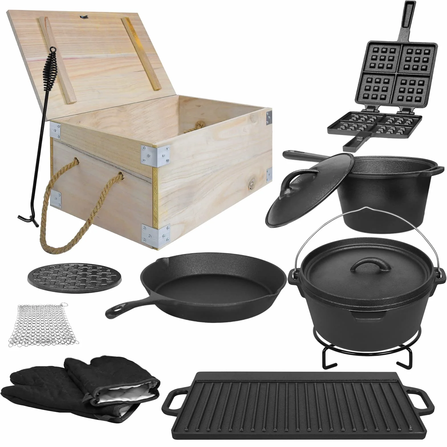 LZQ Juego de 12 ollas holandesas en caja de madera, juego de ollas para barbacoa con accesorios para barbacoa, incluye olla de hierro fundido de 3,6 L, gofres de hierro fundido, elevador de tapa