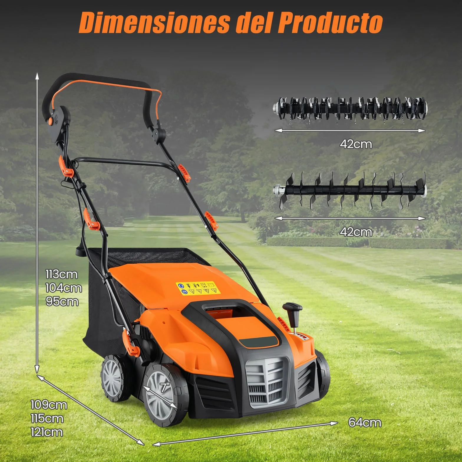 GOPLUS Escarificador Eléctrico, Cortacésped de Empuje con Ajuste de Profundidad de 5 Posiciones, Bolsa de Recolección Desmontable 55 L, Rastrillo Eléctrico Plegable para Cuidado del Césped (Naranja)