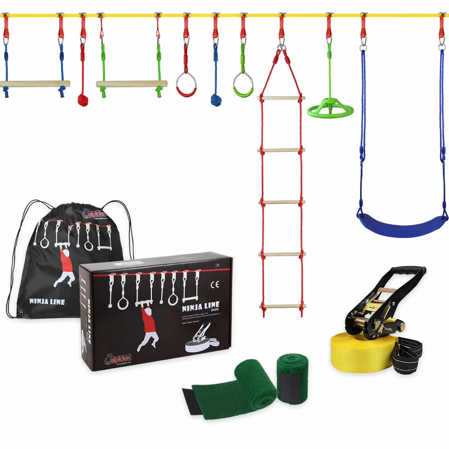 ALPIDEX Ninja Niños Slackline Obstacles Set Anillos Gimnasia Nudos Cuerda Accesorios Escalada Curso Extensible MAX