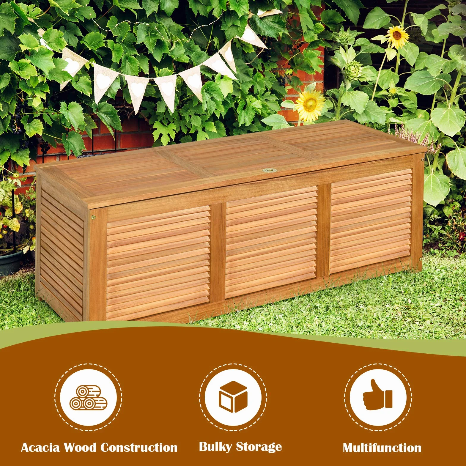 GOPLUS Baúl Almacenaje Exterior de Madera Acacia, Banco Contenedor con Capacidad 178L carga 150 kg, Caja de Almacenamiento con Tapa, Arcón para Jardín Patio Terraza Balcón, 120x45x45cm, Natural