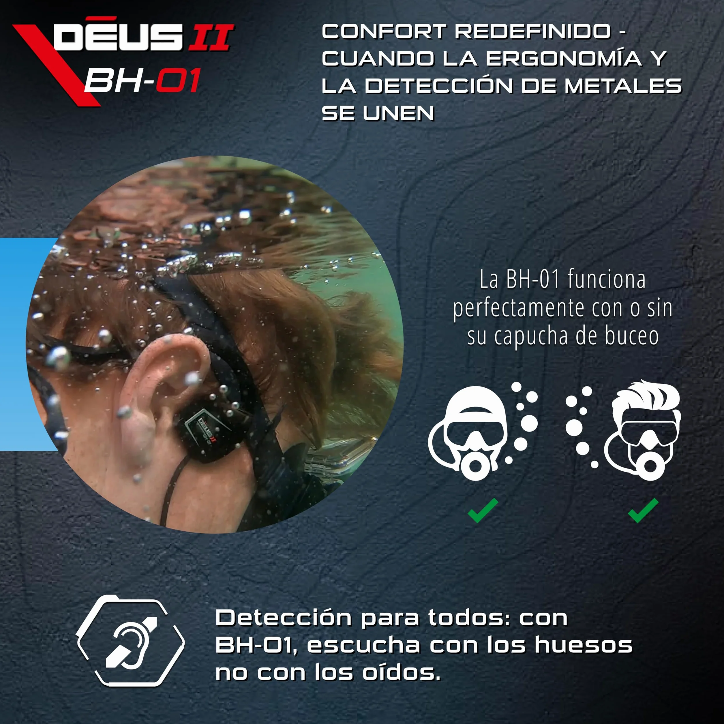 XP METAL DETECTORS BH-01, casco de conducción ósea con cable, diseñado para Le Deus II - Casco impermeable para detección de metales submarinos de hasta 20 m - certificado IP68