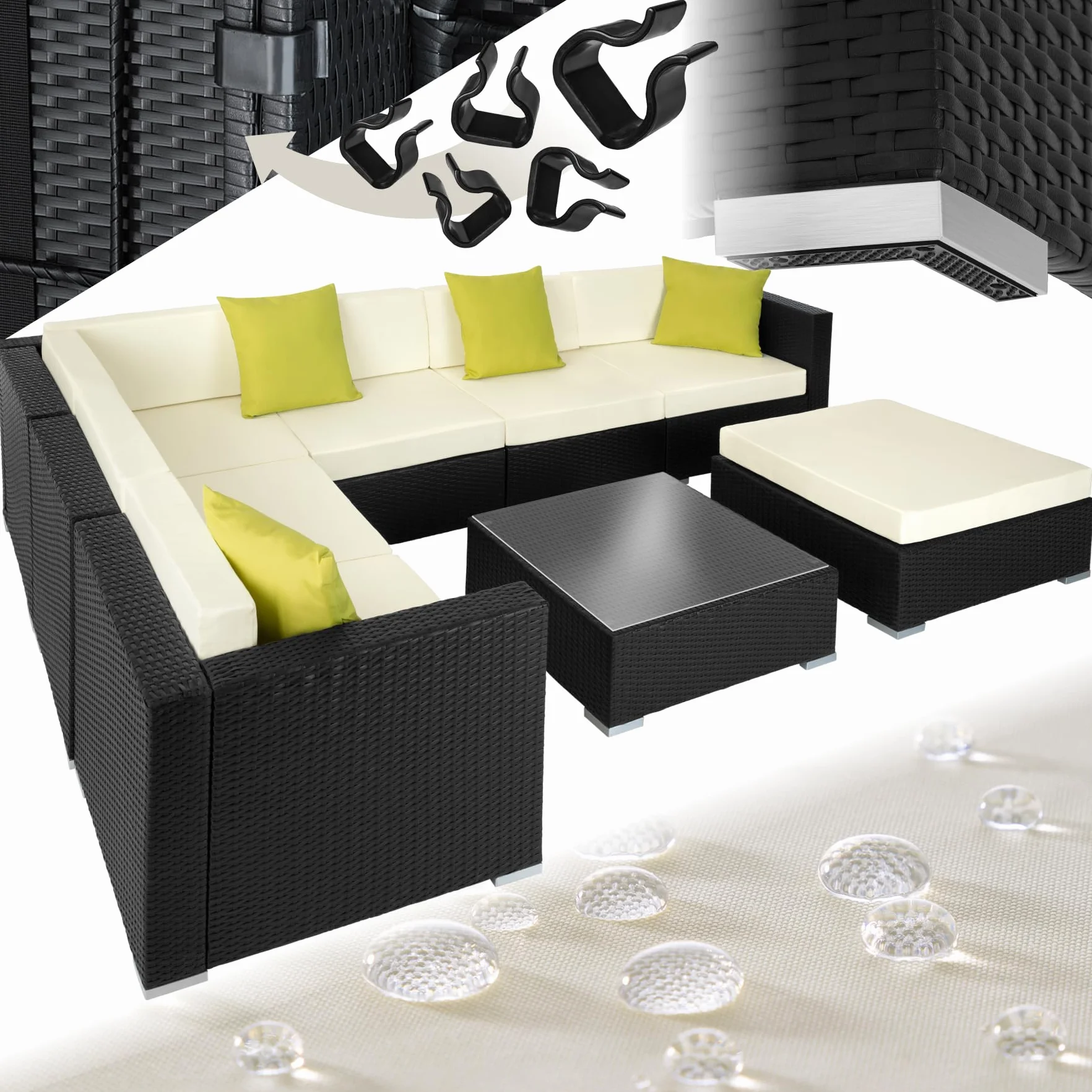 tectake® Conjunto Jardín de Ratán y Aluminio con Cojines (+4 Adicionales), Conjunto Terraza Resistente a la Intemperie y Combinable, Muebles Jardín Exterior 6 Sillones, 1 Puf, 1 Mesa Cristal - Negro