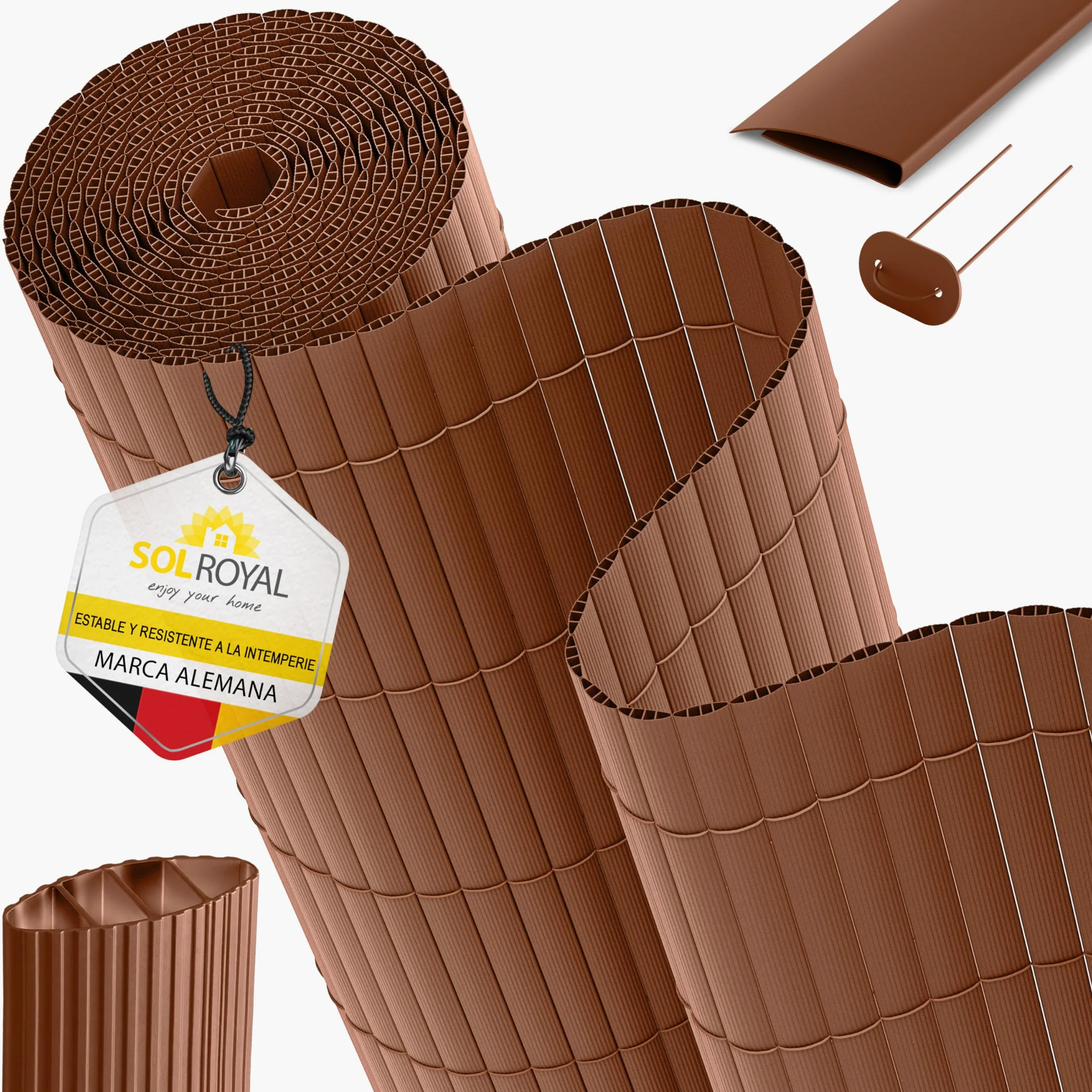 Sol Royal PVC Cañizo Jardin Ocultacion Exterior 140x300 cm Triple Refuerzo – Valla Privacidad con Clips y Perfil Remate – Pantalla para Balcón Resistente a Intemperie y Rayos UV – Marrón