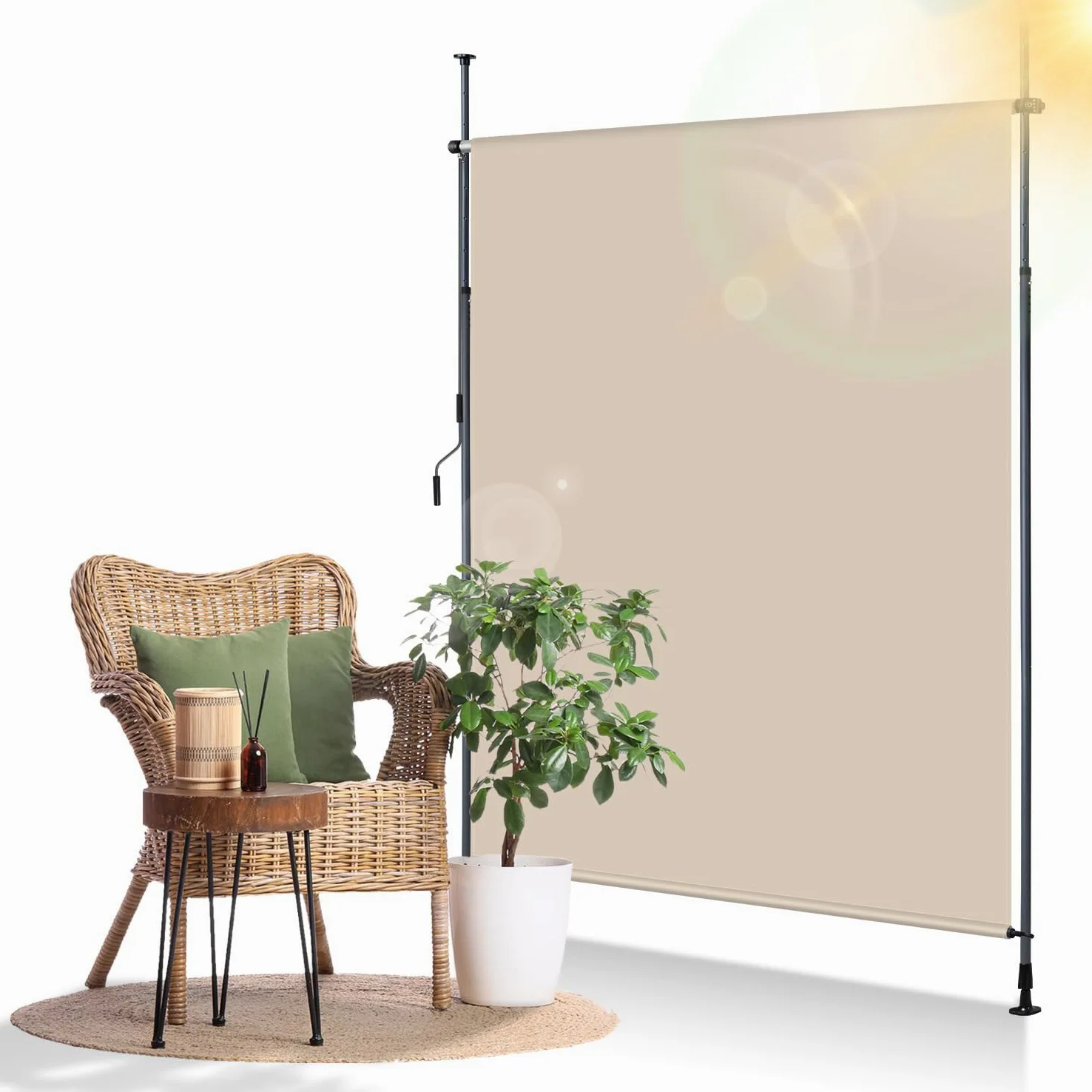 Toldo de abrazadera Toldo vertical exterior de 200 x 305 cm, extensible, toldo vertical con manivela manual sin taladrar, protección visual para balcón y protección contra el viento para
