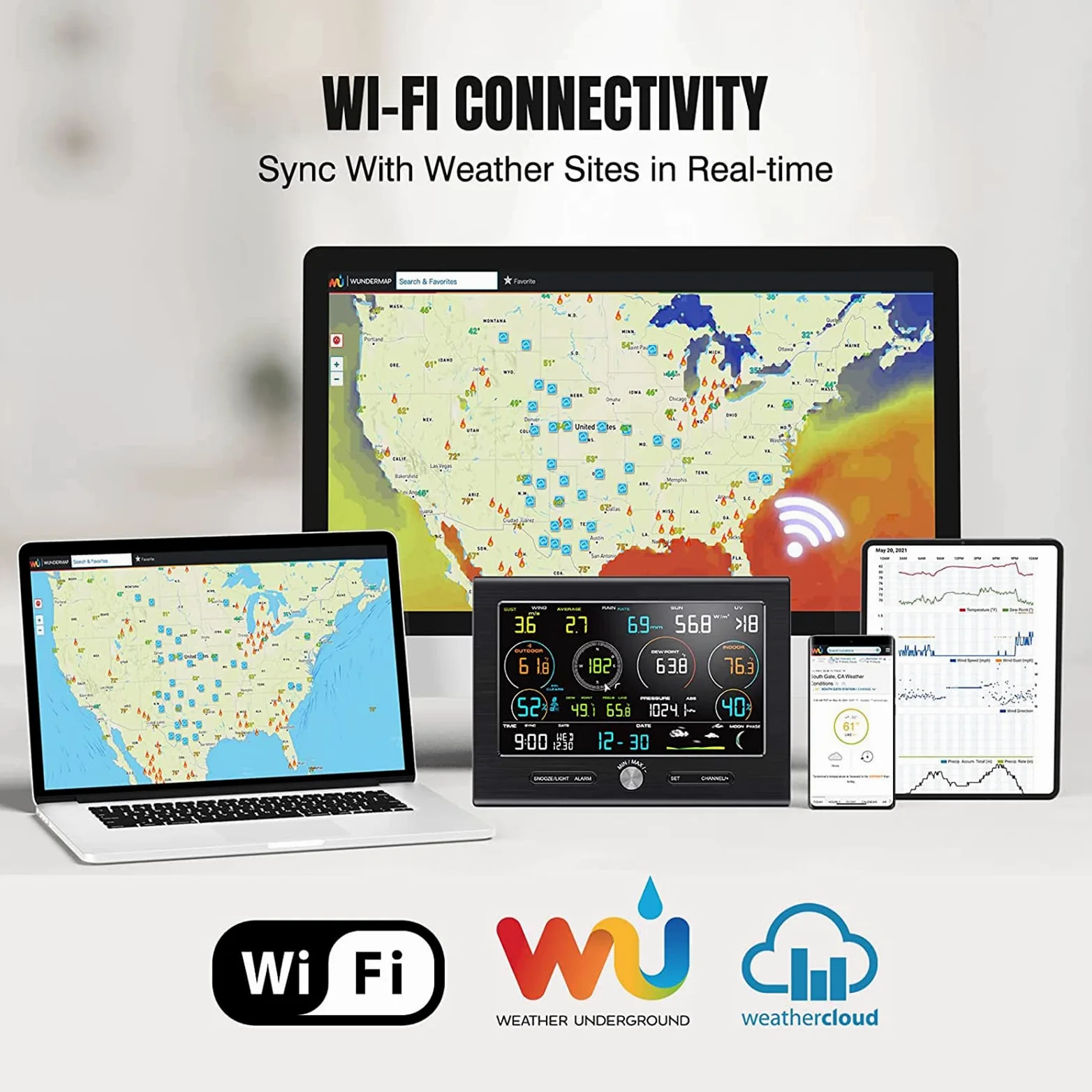 Estación meteorológica, estación meteorológica WiFi, Estaciones meteorológicas domésticas con pluviómetro, Velocidad del Viento, barómetro y Fase Lunar.