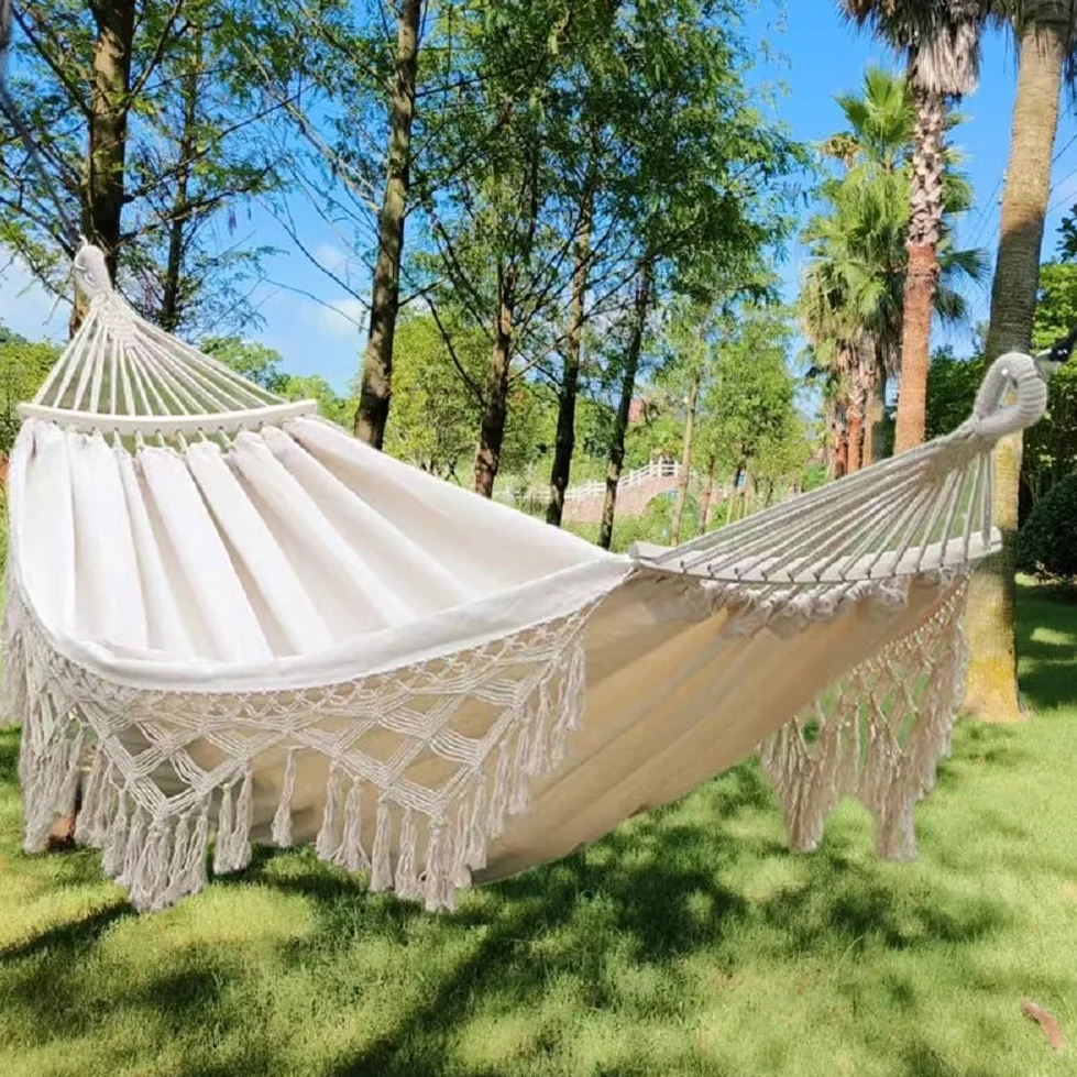 Hamac De Jardin Hamaca Colgante Doble De Algodón con Flecos para Colgar En La Playa O En El Patio Exterior Hamaca Extra Grande 300X150cm (Blanco, MAX Load 300Kg)