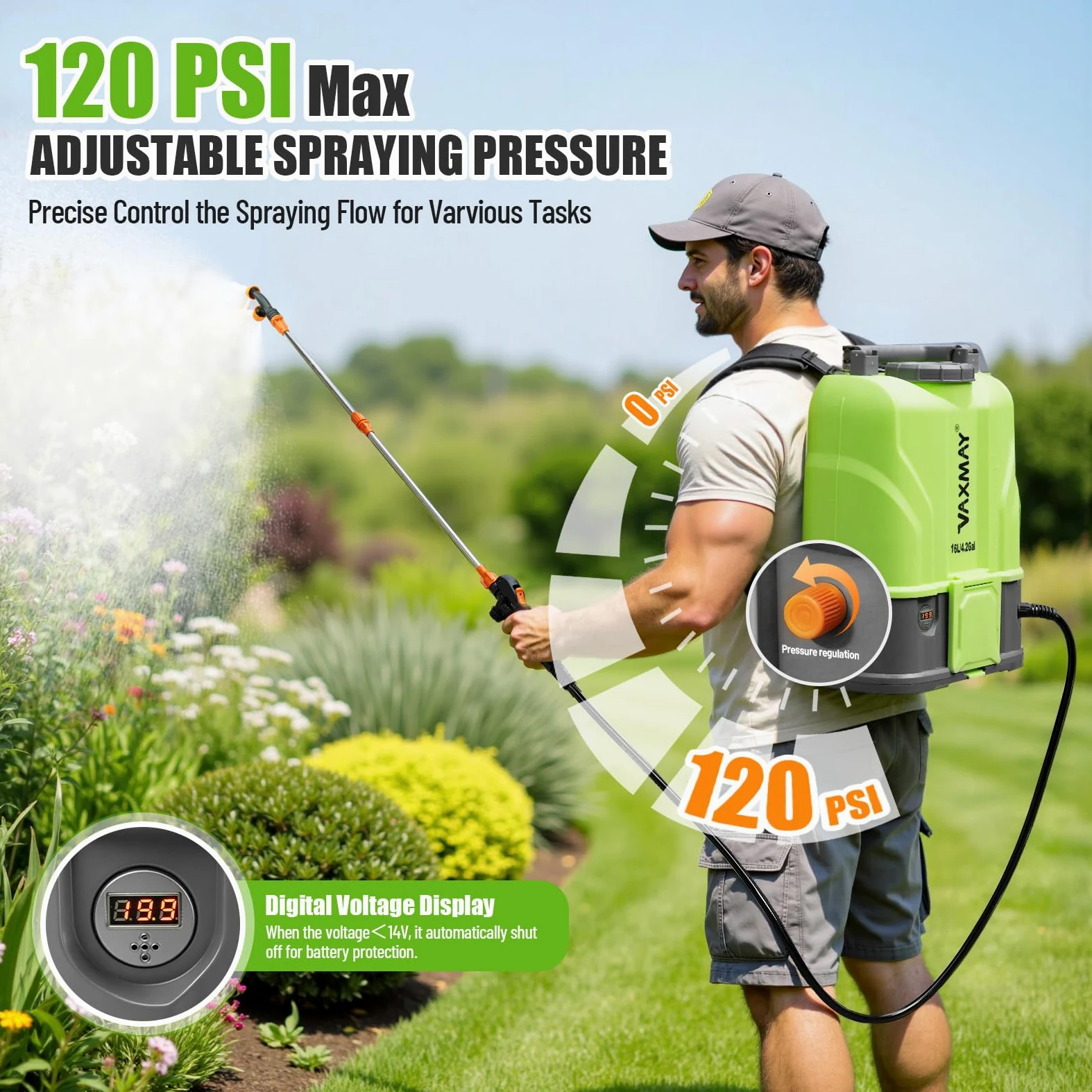 VAXMAY - Rociador eléctrico de jardín con batería de 4.2 galones, 120 PSI compatible con batería DeWalt de 20 V, rociador de zacate con 2 varitas, 5 boquillas, batería de 2.6 Ah y cargador incluido
