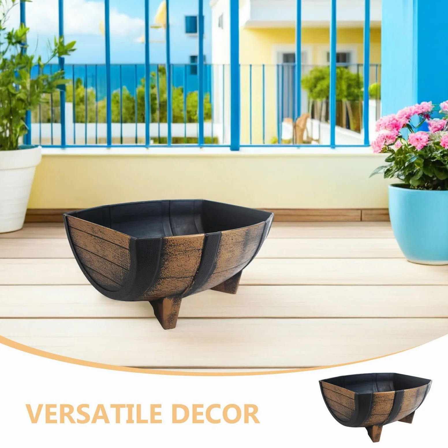 COLLBATH Jardinera de Medio Barril Rústica para Jardín Exterior E Interior, Maceta Estilo Granja 40,6x20,8 Cm, Plástico Resistente con Patas Elevadas para Mejor Drenaje y Decoración