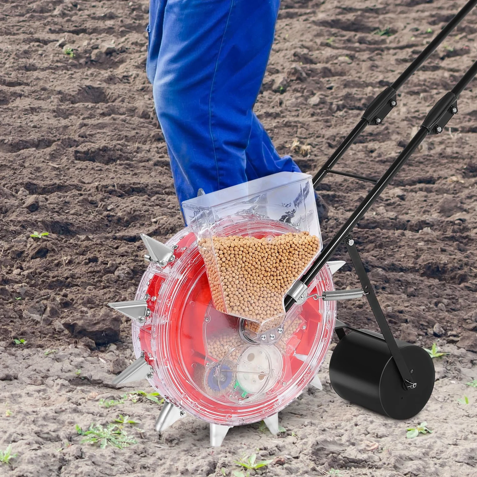Hemobllo Sembradora Manual Rodillo de Plantación Rojo de Hierro y Plástico | Dosificador de Semillas y Fertilizante, Tecnología de Rodillo Cuantitativo, Uso Agrícola y Jardinería