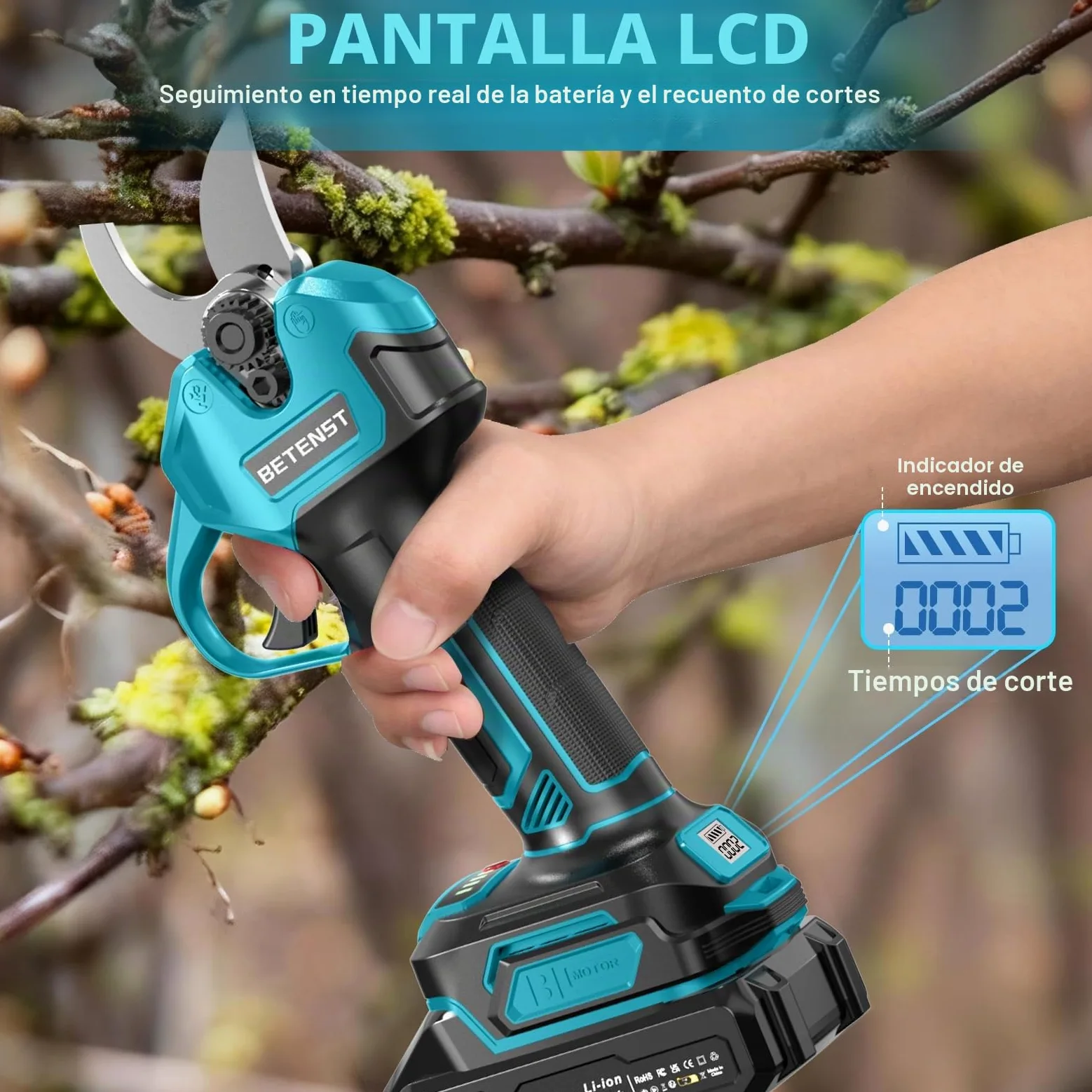 BETENST Tijeras de Podar Eléctricas Sin Escobillas 21V 2 Batería 2.0Ah Hoja SK5 Pantalla LCD