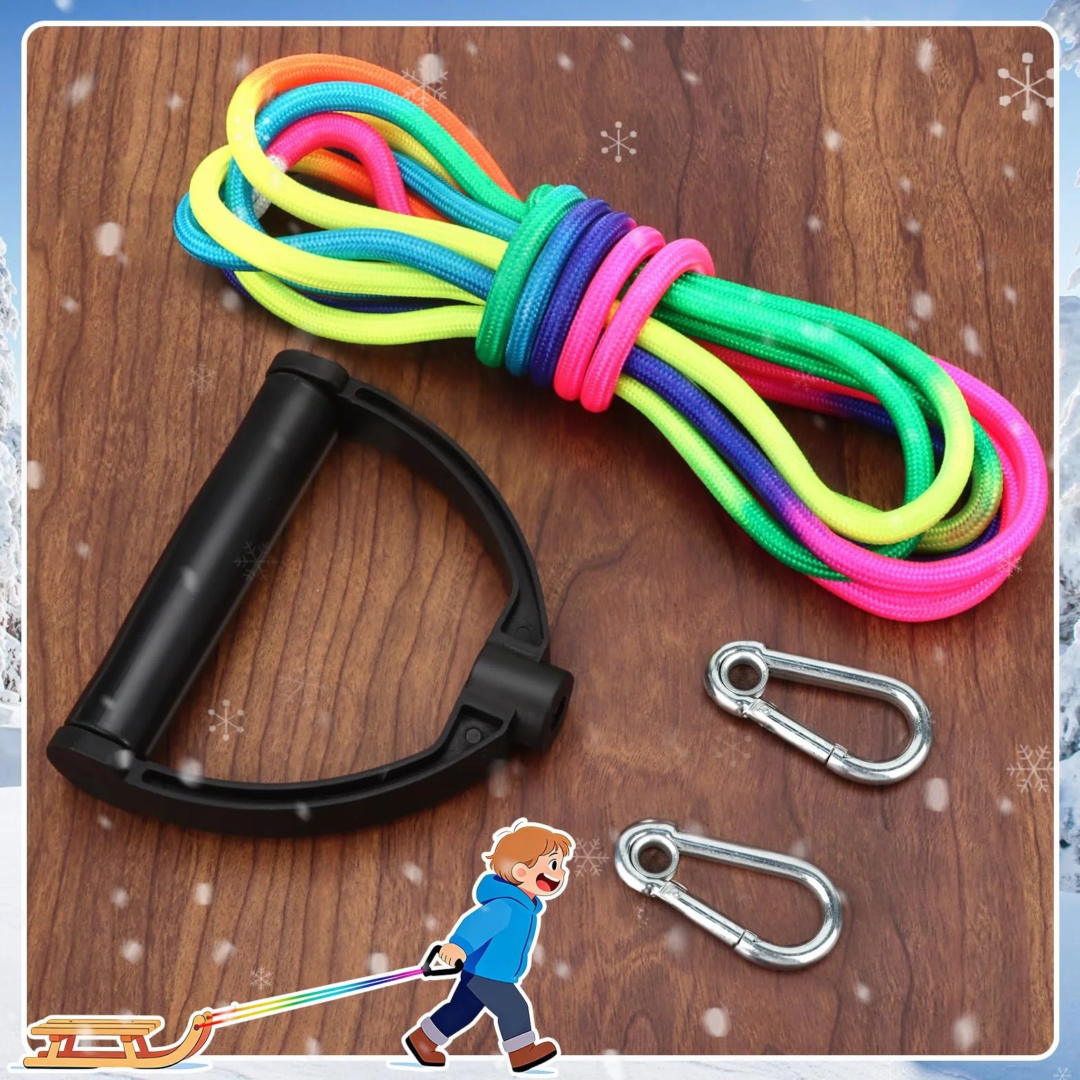 Cuerda Trineo 4m con Mango, Cuerda de Tracción 8mm con 2 Mosquetones Premium