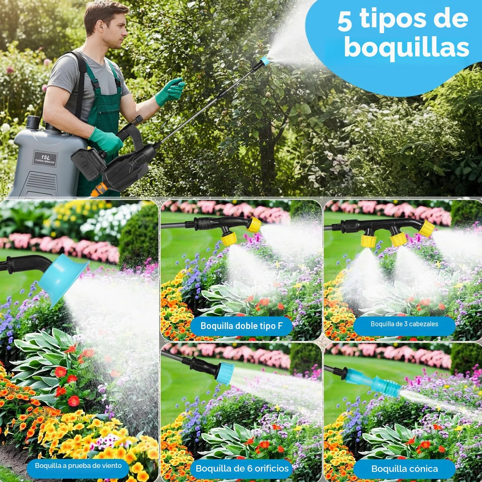 15L Pulverizador Electrico con Carro,Pulverizador Jardín Compatible Baterías Makita 18V,Mochila Pulverizadora,Pulverizadora Bateria con 5 Boquillas,3 Velocidad Ajustable, 3.0Ah Bateria,Telescópica