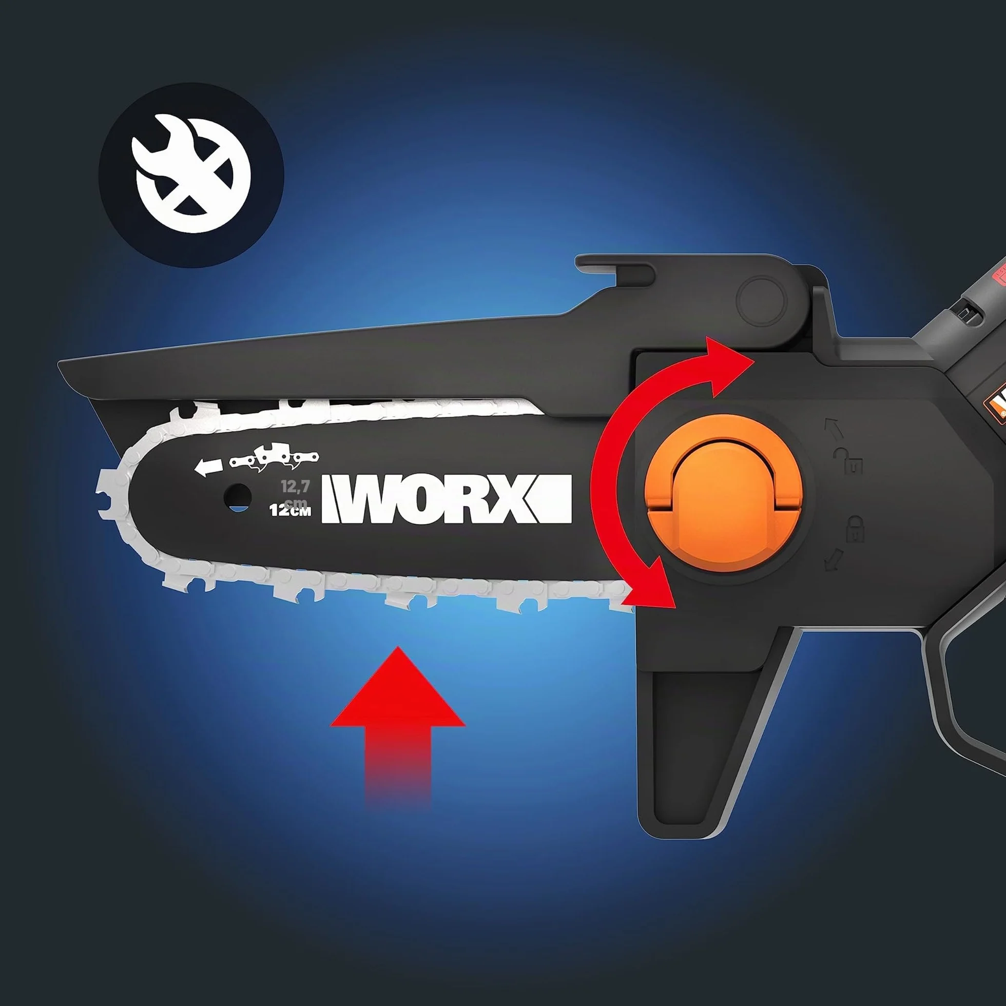 WORX WG325E Mini motosierra 20V 2Ah, con batería y cargador, una mano, motor brushless, espada 12cm, lubircación automática, para jardinería y poda