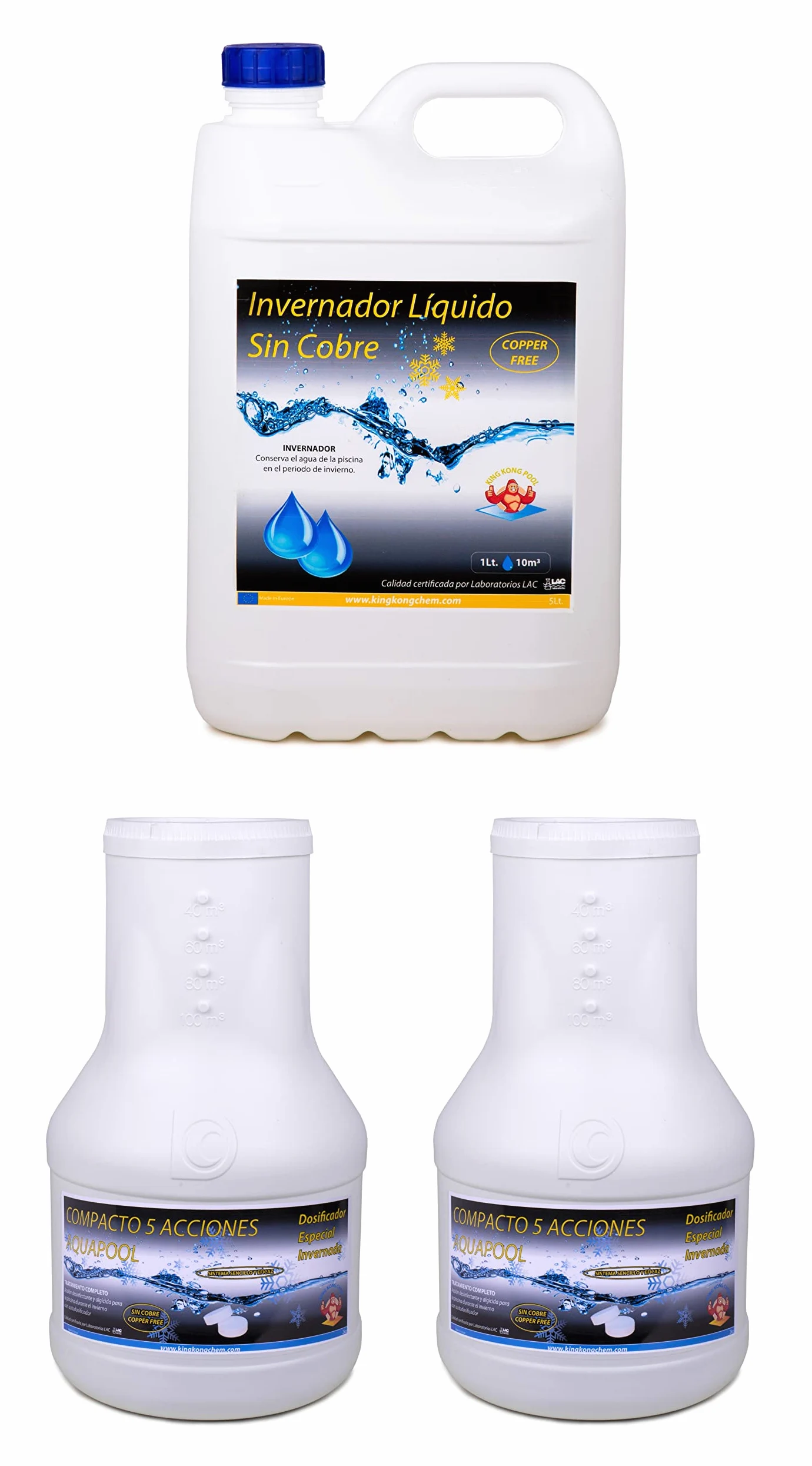 Kit invernaje Piscinas Grandes 2 DOSIFICADORES INVERNADA AQUAPOOL 4 KG + INVERNADOR LÍQUIDO SIN Cobre 5 litros - Tratamientos sin Cobre - Apto Piscinas Liner