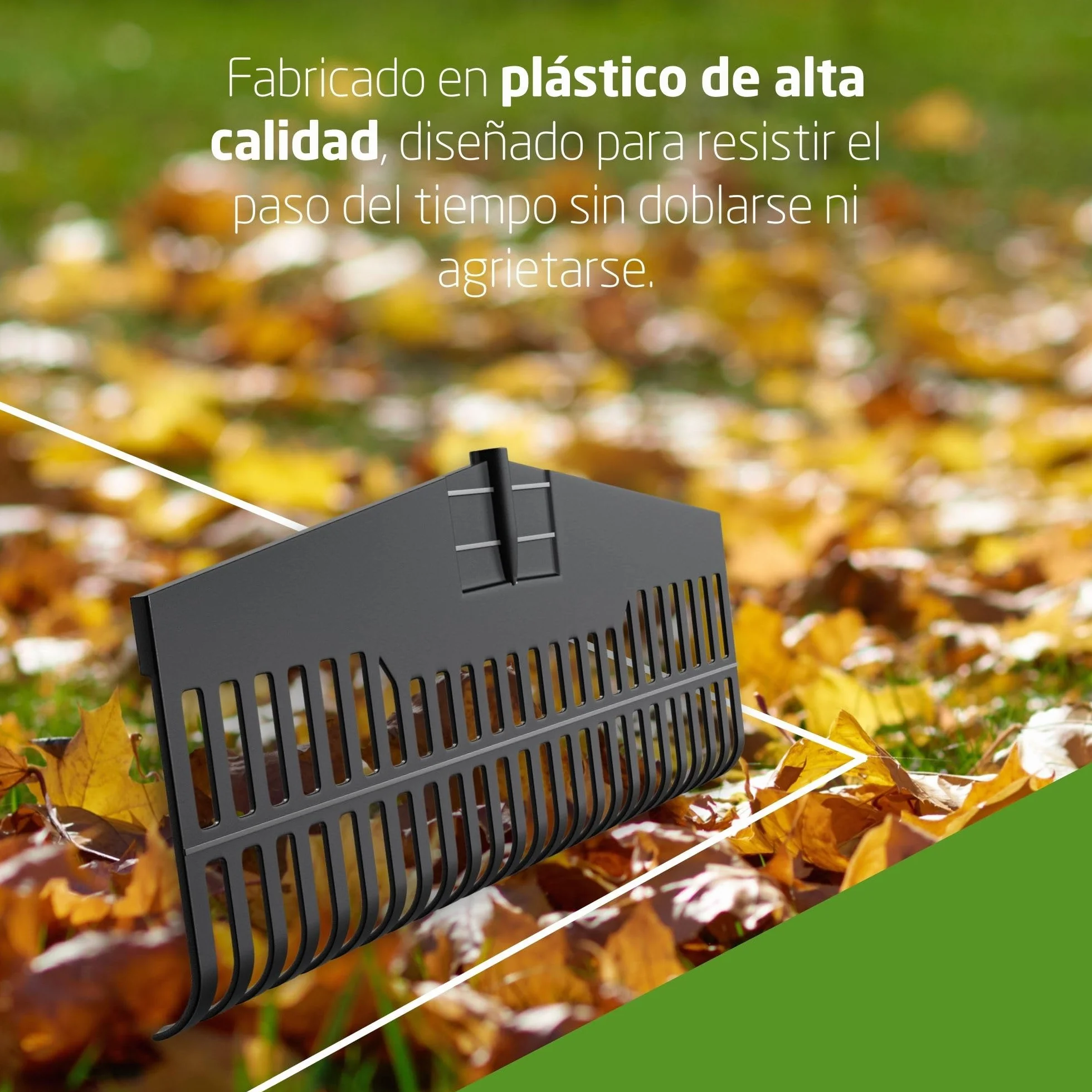 Amig - Rastrillo de Plástico Resistente - Herramienta Ligera para Barrer Hojas y Césped - Recogedor para Jardín y Campo - Púas Flexibles - para Mango Universal de 22mm