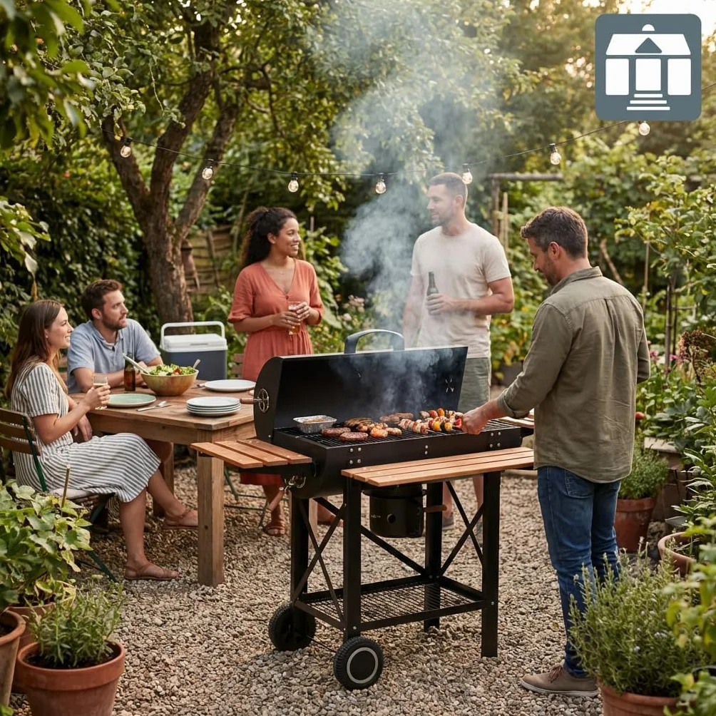 Tarrington House Barbacoa de Carbón Louisiana, Acero/Madera, Mesas Plegables, con Ruedas, Estantería Inferior, Negro
