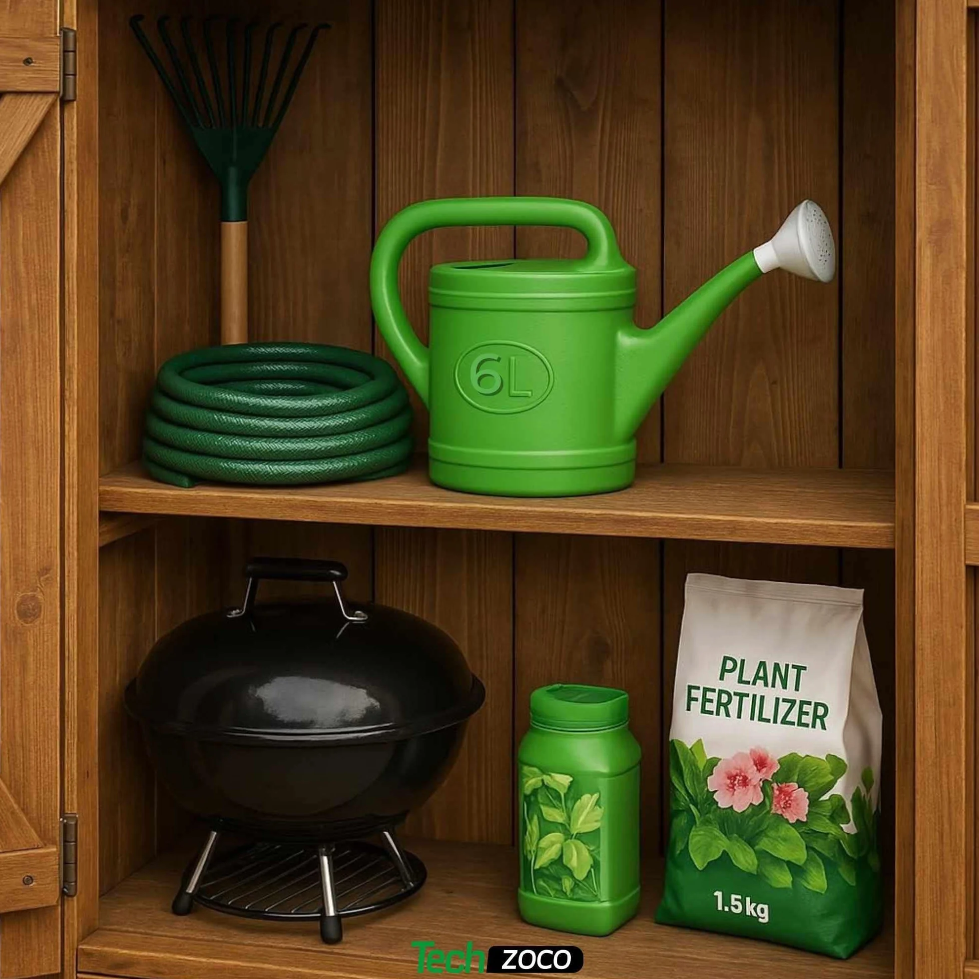 TECHZOCO Regadera de plástico, Regadera para Interior y Exterior, regadera de jardín, Diseño con Pico, Accesorio de riego, Asa de Transporte, Cabezal Efecto Lluvia, Verde, 6 litros