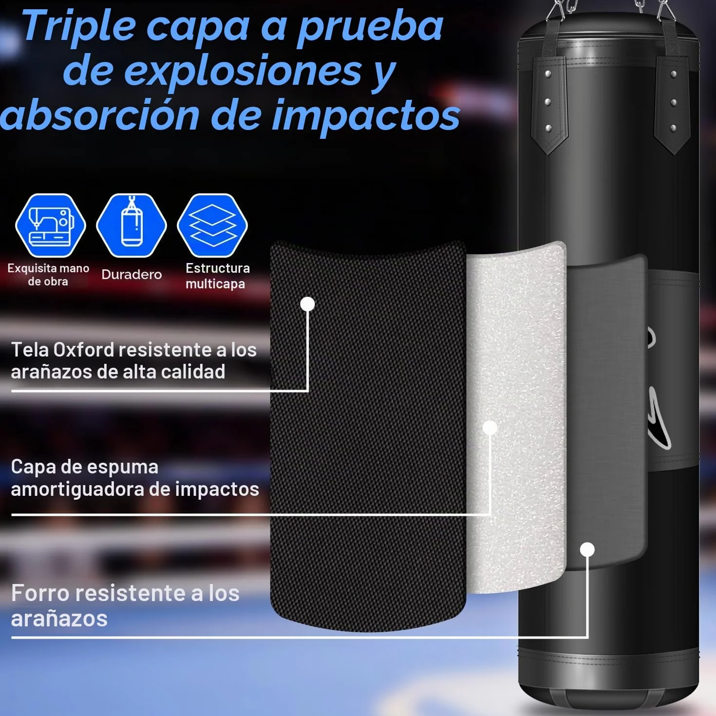 Saco de Boxeo Colgante 120 cm Tela Oxford con Gancho Cadena y Vendajes para MMA Karate Kickboxing