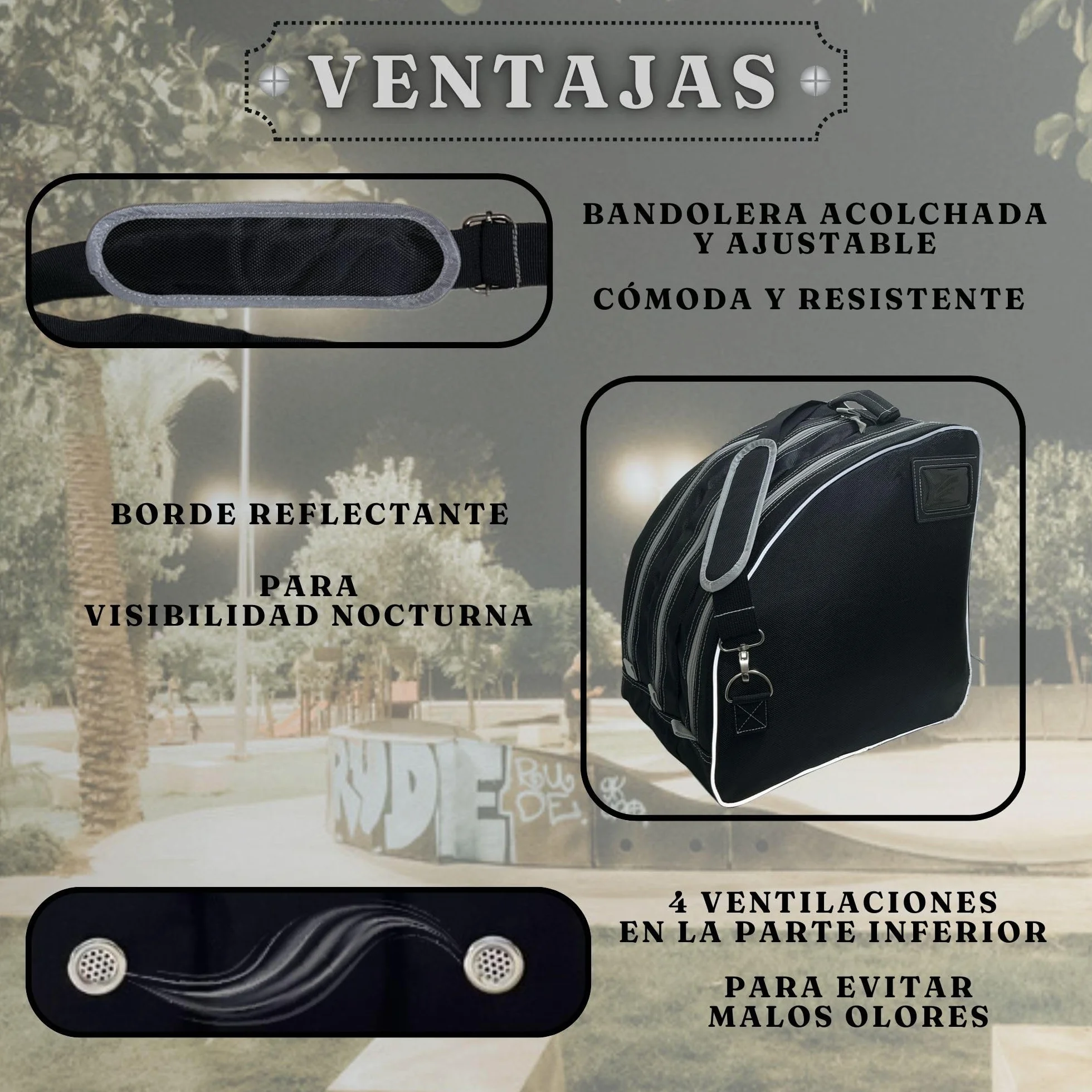 Bolsa para Patines 1680D Pro 3 Compartimentos Ventilación Bordes Reflectantes Compatible Patines en Línea Hielo 36cm