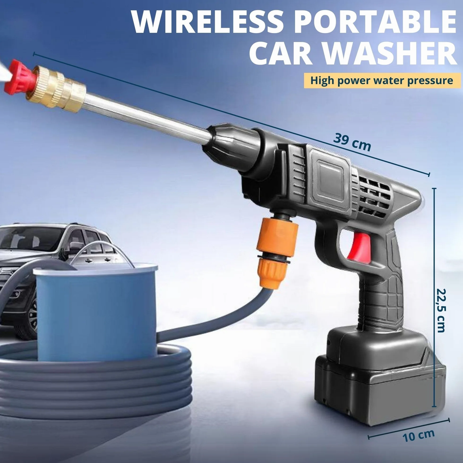 Pistola de Alta Presión. Limpiador de Alta Presión Portátil 35Bar/500PSI y 1500mAh/300W y 2 Baterías 48V. Set de Pistola Hidrolimpiadora Inalámbrica, Recargable para Limpiar Coche, Terraza, Jardín.