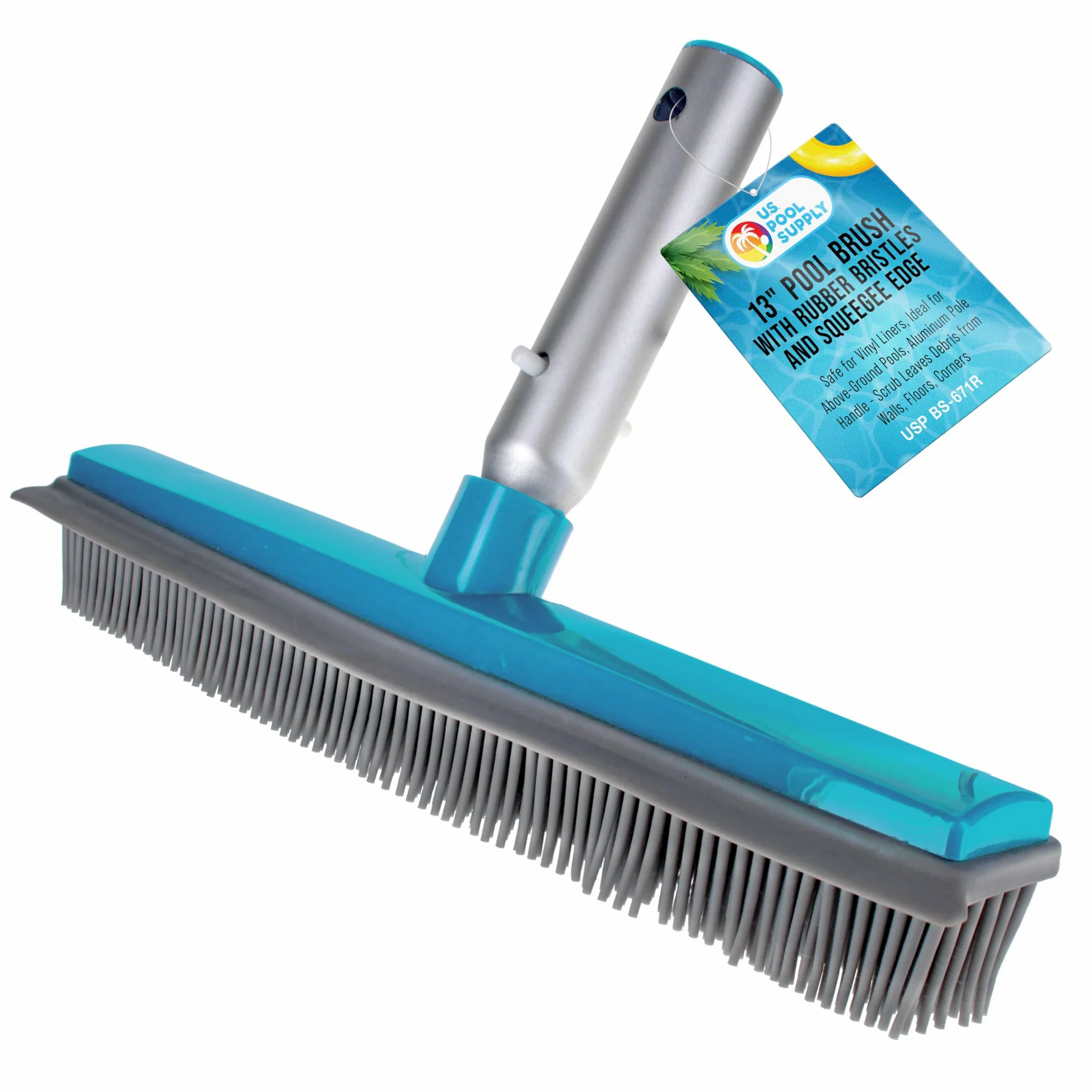 U.S. Pool Supply Cepillo de piscina de 13 pulgadas con cerdas de goma y borde de escobilla de goma, seguro para revestimientos de vinilo, ideal para piscinas sobre el suelo, mango de poste de aluminio