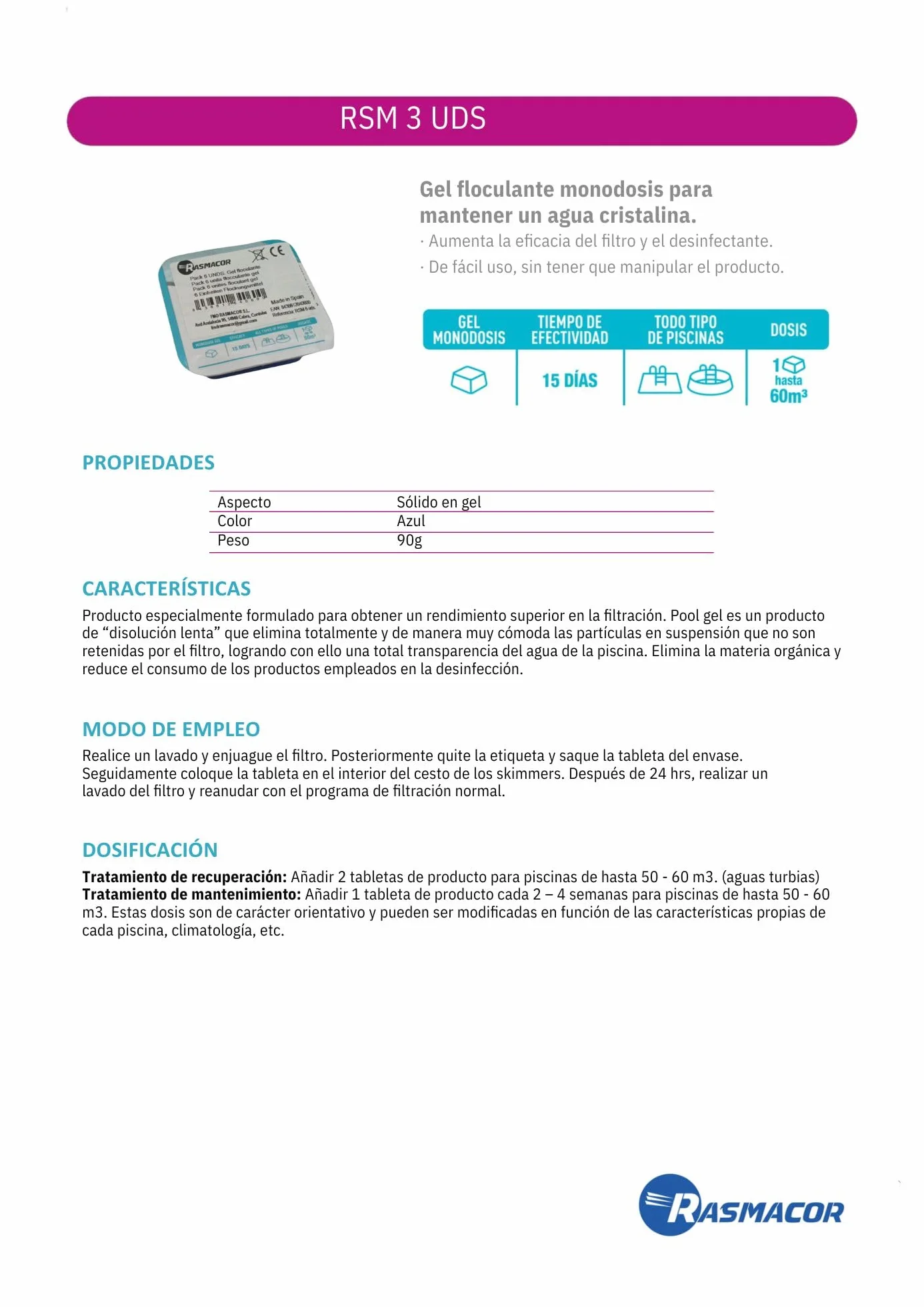 RASMACOR Pack 3 Unidades Floculante Gel monodosis | Gel para Piscina | Limpiador y clarificador de Agua para Piscinas | Transparencia Total del Agua | Distribuido
