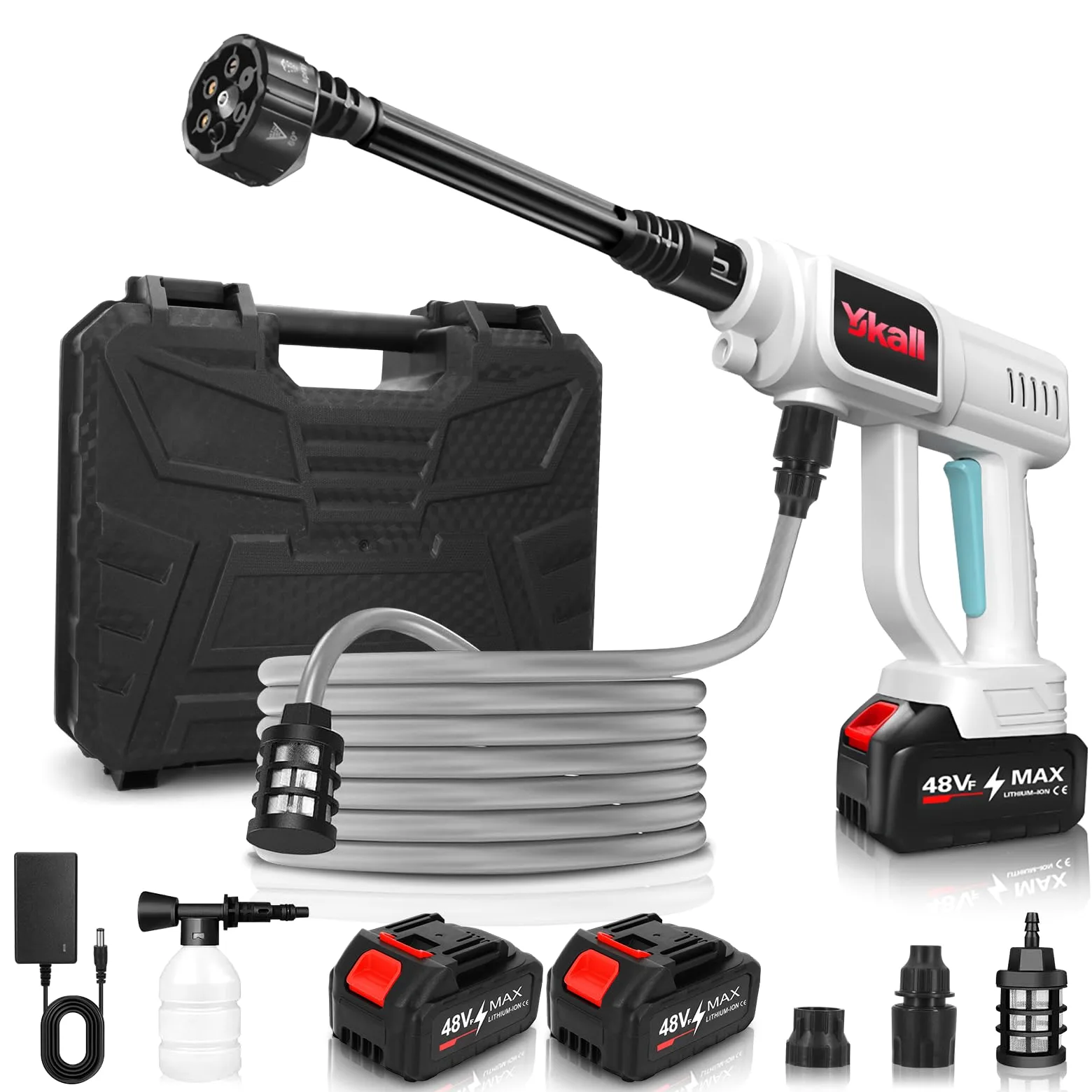 Hidrolimpiadora Inalámbrica 48V 2 Baterías Portátil Boquilla 6 en 1 | Limpieza a presión sin cables. 2 baterías (25-30 min), 6 modos, manguera 5m, fácil de guardar. Ideal para coches o jardín.