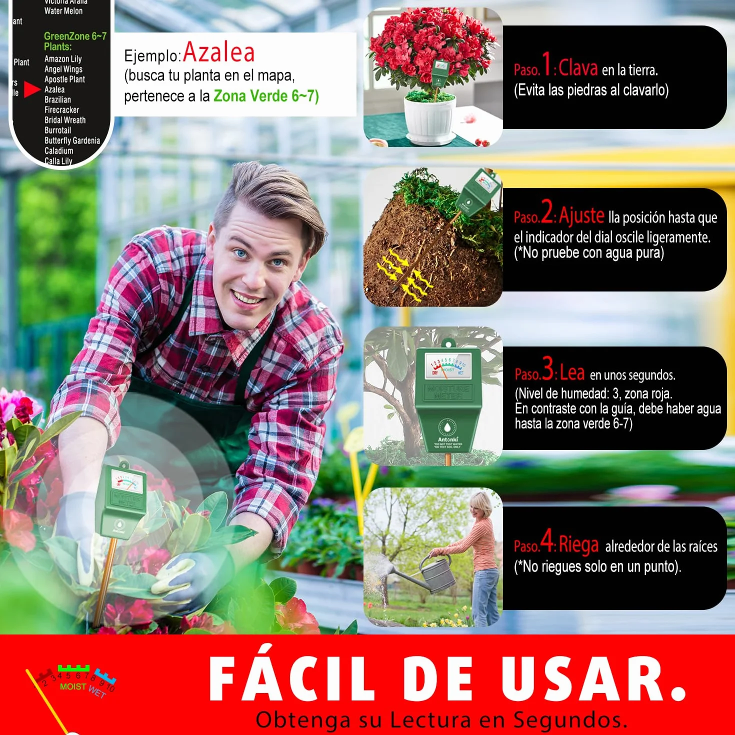Antonki 2 Piezas Medidor Humedad Plantas, Higrometro Plantas de Suelo, Monitor de Riego de Flores para Plantas de Interior y Exterior, No se Necesitan Baterías