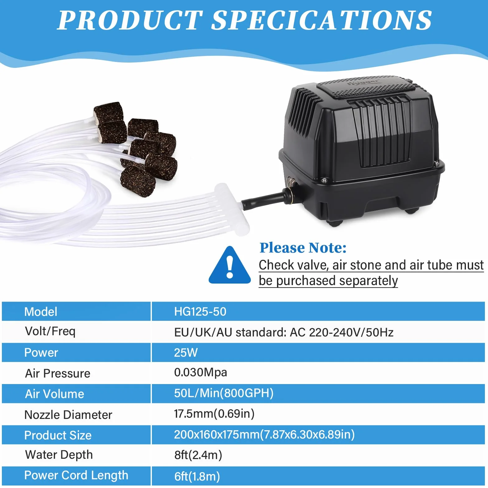 hygger Bomba de Aire para Estanque,25W Potentes Silenciosas Aireador para Estanque de Peces con Conector de Conversión,Air Pump for Large Pond,Fishing Yacht,Fish Farm and Hydroponic