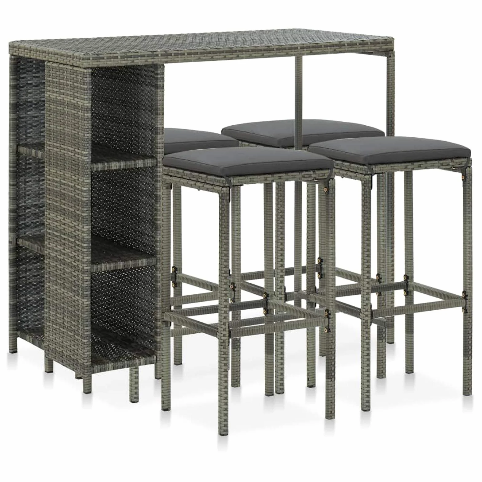 Festnight Juego de Bar de Mimbre para Exteriores de 5 Piezas, Mesas Altas y 4 Taburetes con Cojines, Muebles de Bar Jardín Exterior, Mesa con Tapa Lisa y Estante de Almacenamiento Gris#3