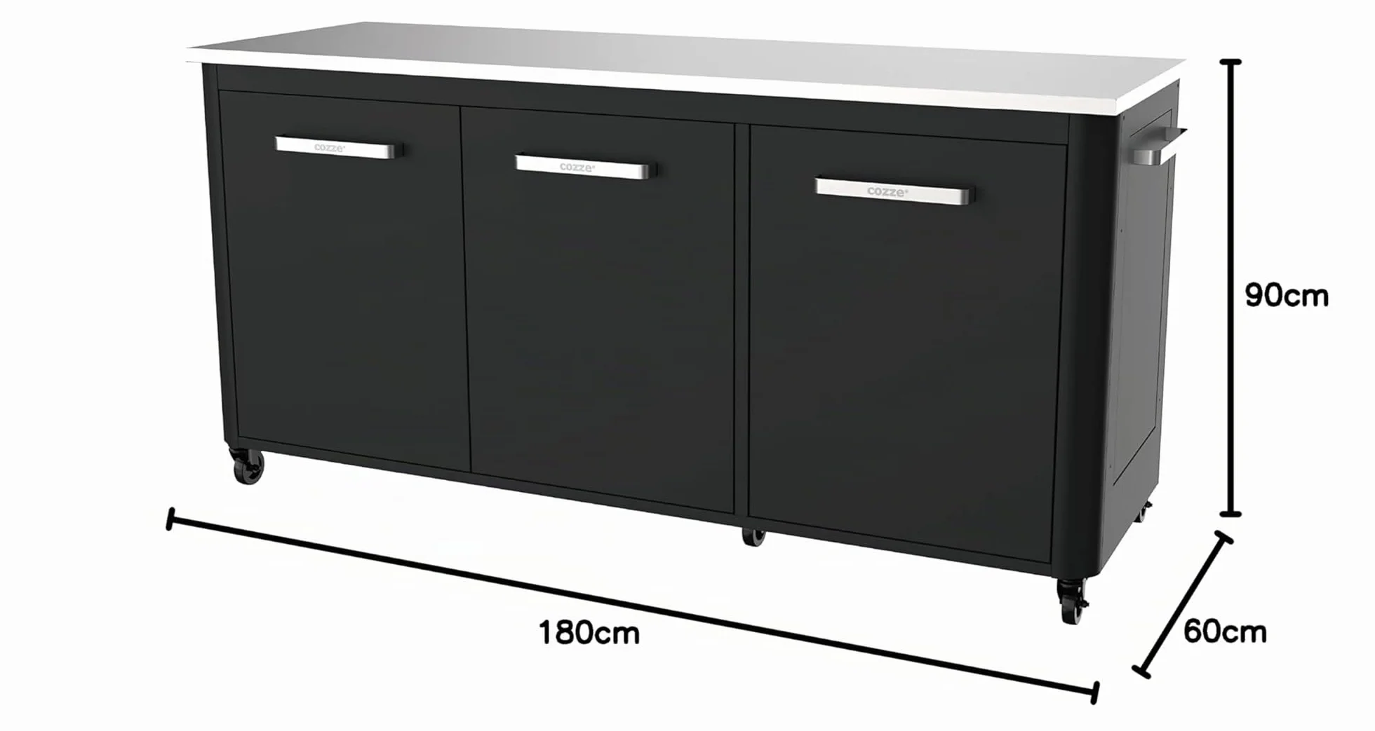 Cozze® Cocina de Exterior 180 con encimera INOX – módulo de Cocina Exterior Modular con 3 Puertas, Cubo de Basura Integrado, Soporte para 2 bombonas de Gas, 6 Ruedas, Carga 150 kg