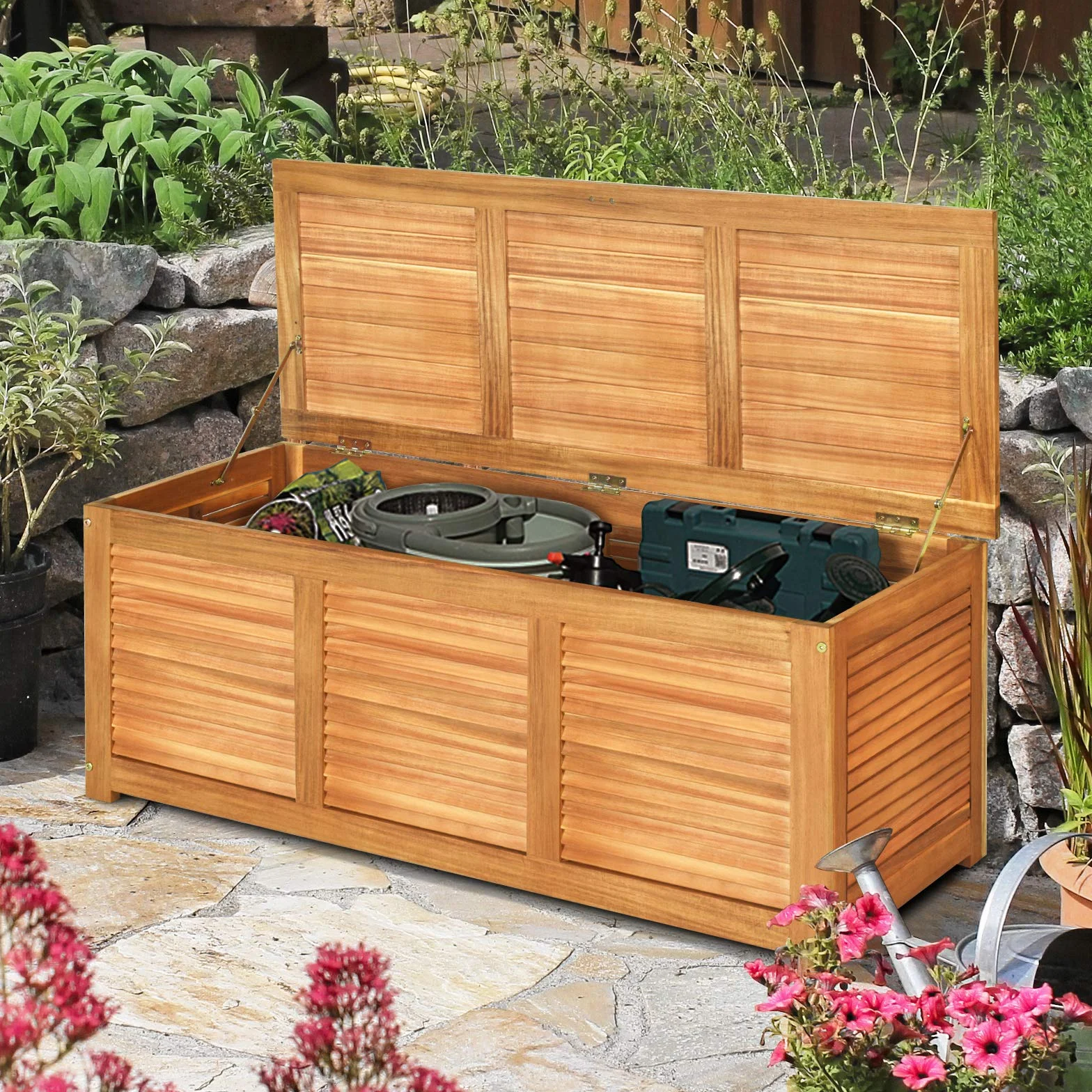 GOPLUS Baúl Almacenaje Exterior de Madera Acacia, Banco Contenedor con Capacidad 178L carga 150 kg, Caja de Almacenamiento con Tapa, Arcón para Jardín Patio Terraza Balcón, 120x45x45cm, Natural