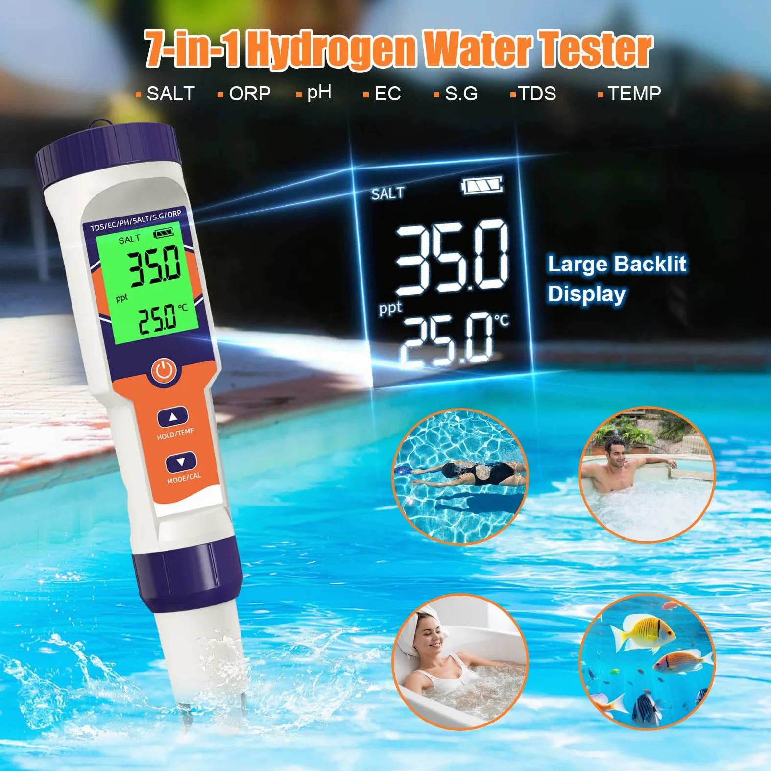 Probador digital de sal de piscina 7 en 1 | pH, ORP, salinidad, TDS, EC, medidor de temperatura, para piscinas de agua salada, jacuzzis, spas, acuarios, hidroponía