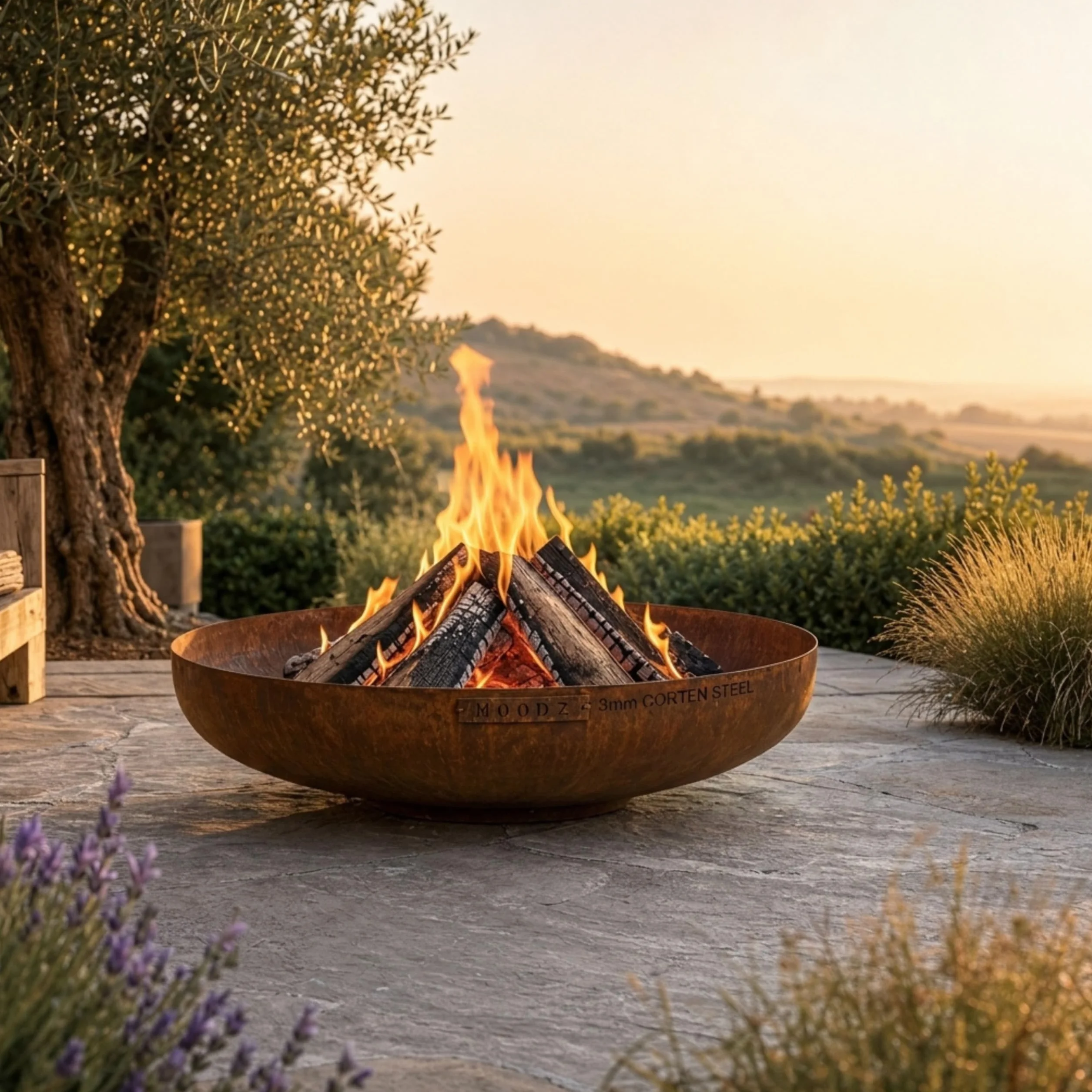 MOODZ Brasero de Exterior en Acero Corten Ø 100 cm - Pozo de Fuego Robusto de 3 mm de Espesor - Fogón de Jardín Resistente a la Intemperie - Gran Cuenco de Fuego para Terraza y Patio