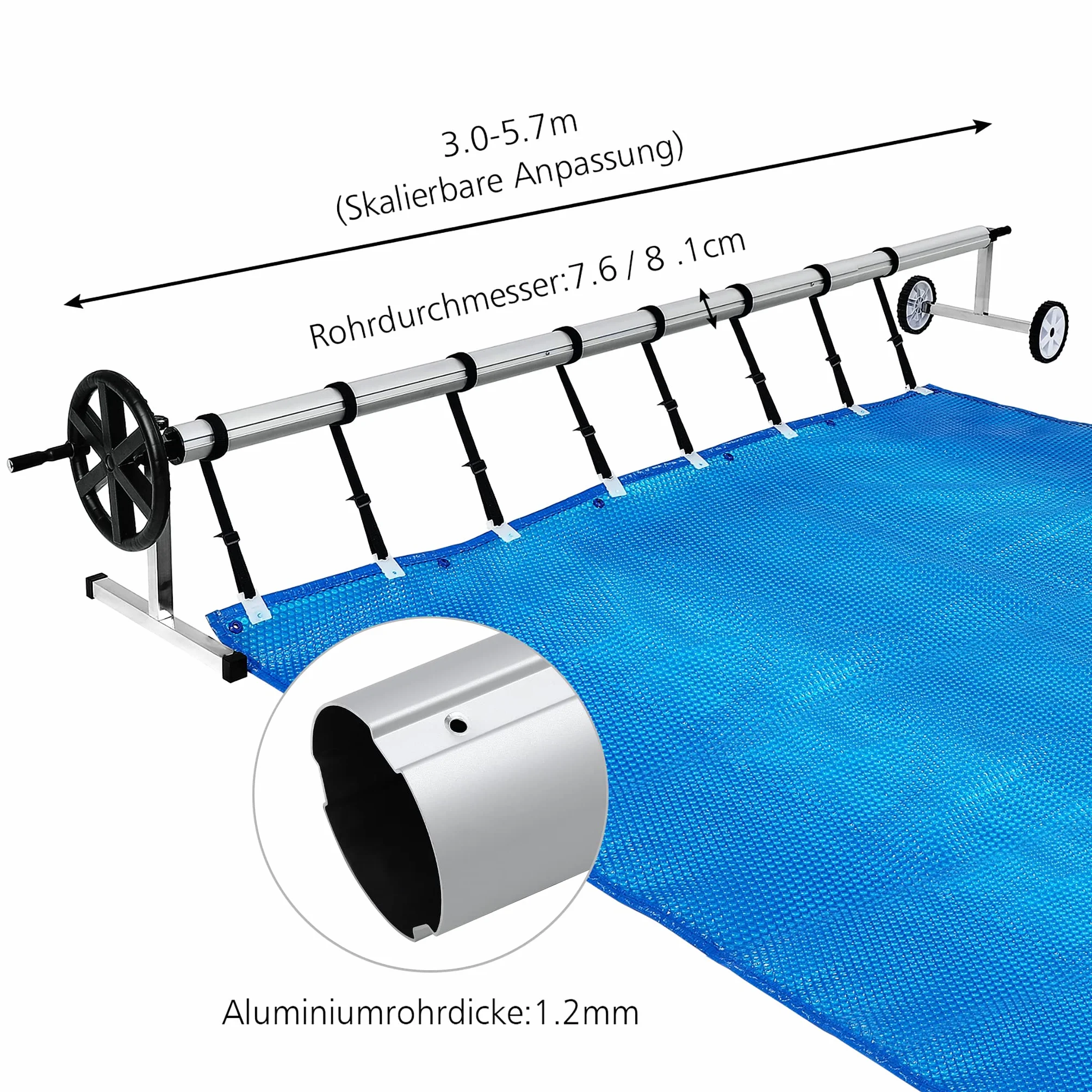 YUENFONG Sistema Enrollable móvil de Acero Inoxidable para Lona Solar, Lonas de Piscina, Enrollable móvil Ajustable, con Ruedas y Correas, Material Resistente a la Intemperie (3m-5,70m)