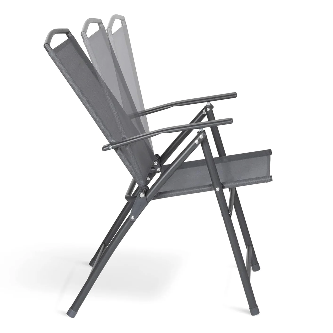 IDMarket - Pack de 4 sillas plegables de jardín con reposabrazos ALGHERO, metal y textileno, gris antracita