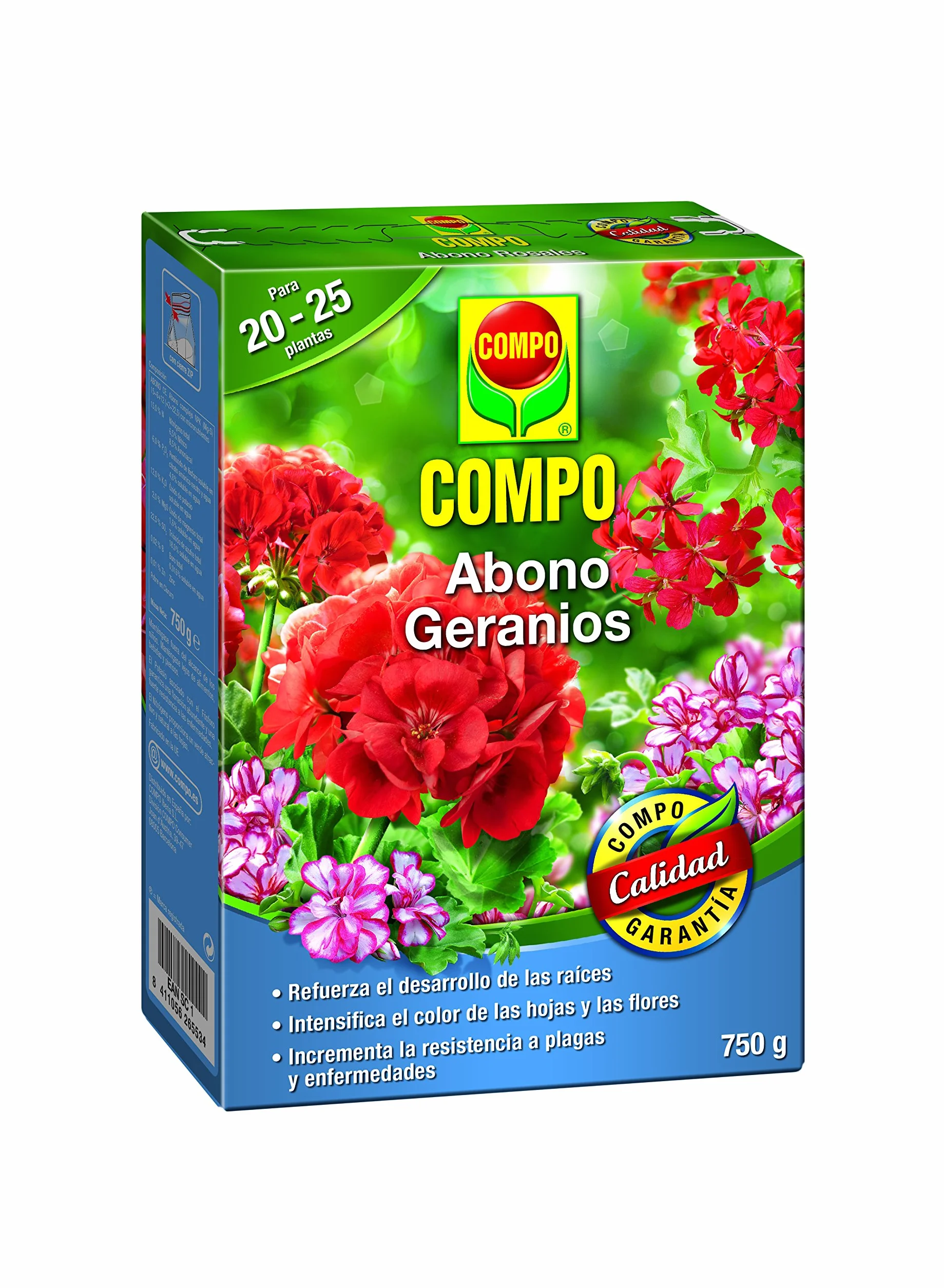 COMPO Abono para geranios, Apto también para otras plantas de flor, Envase estanco, Granulado, Para 20-25 plantas, 750 g, 2655302011