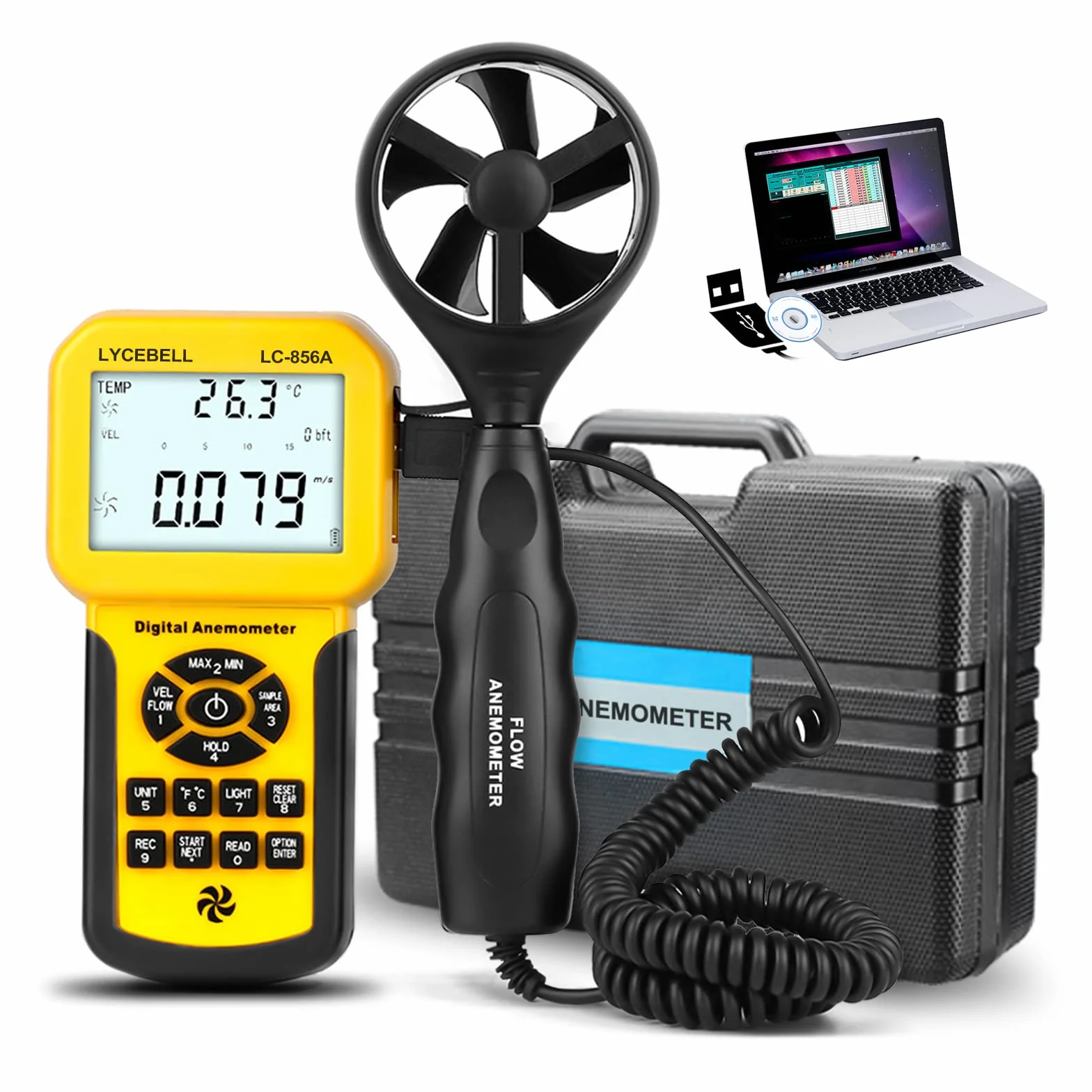 Anemómetro Digital de Mano, LC-856A CFM Medidor de Velocidad del Viento, Temperatura y Flujo de Viento, con registro de Datos 600 y Puerto USB, para HVAC Navegar Cometa Surf Pescar