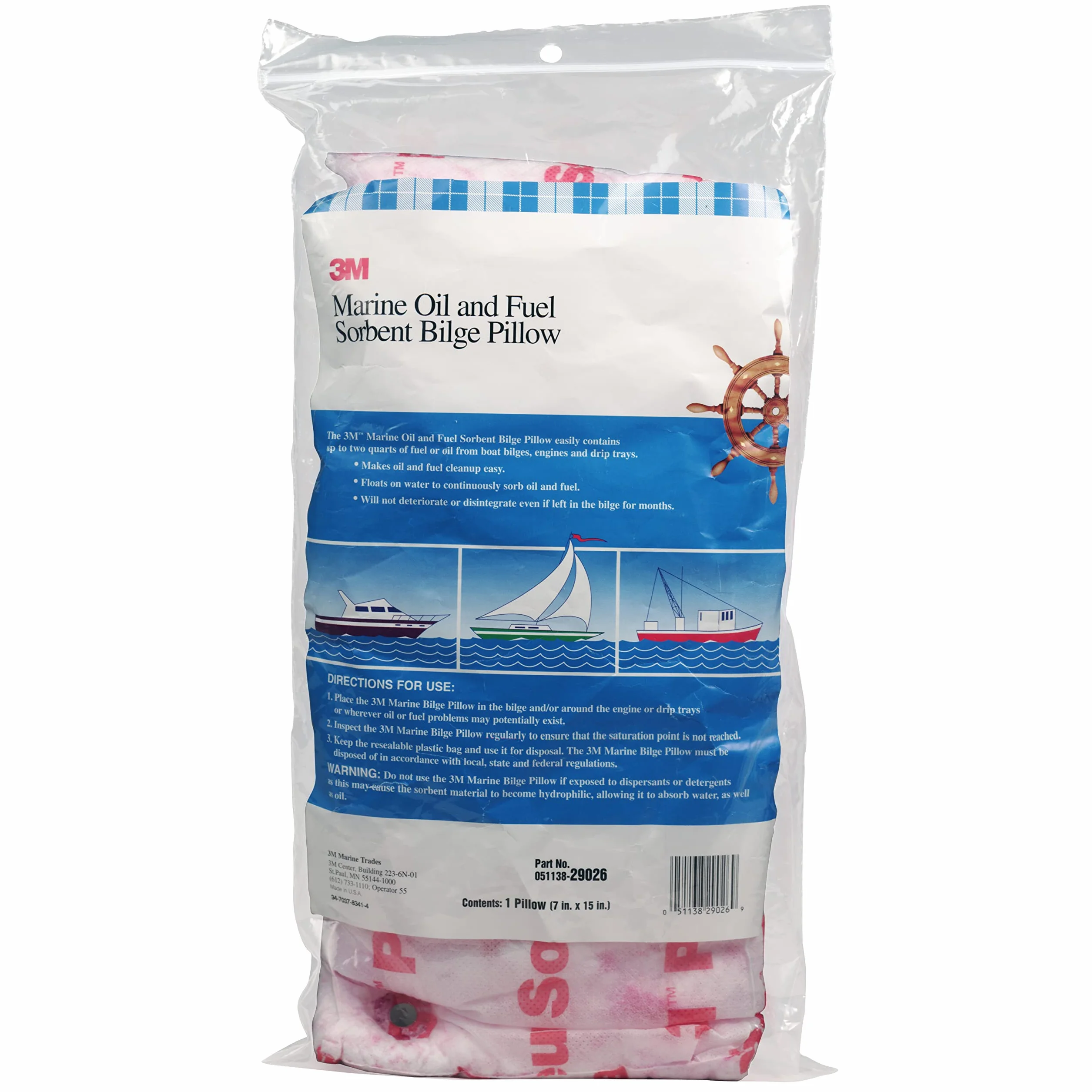 3M 29026 Marine Oil and Fuel Absorbent Pillow - Almohada de sentina (7" x 15")