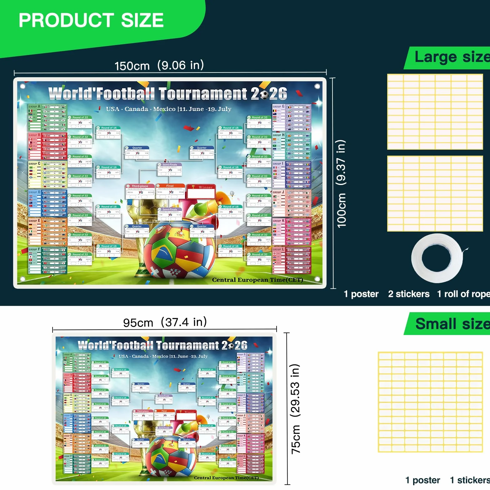 World Cup Football Wall Chart 2026, Calendario Copa del Mundo 150x100cm
