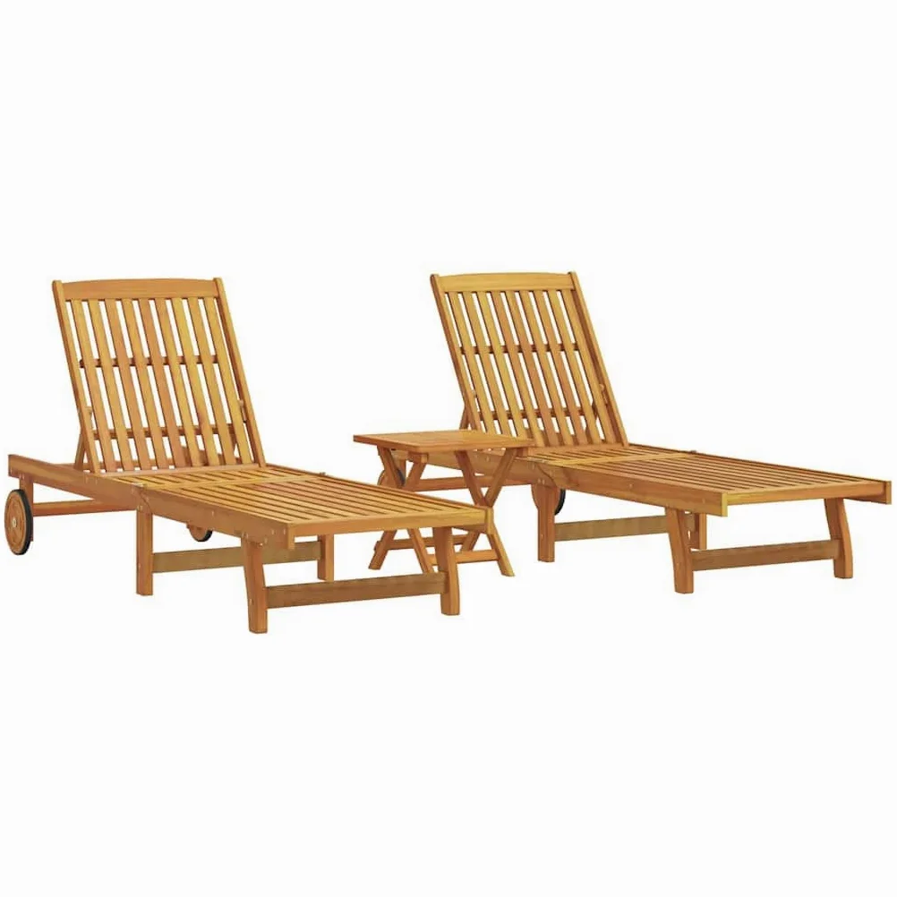 Juego de 2 tumbonas plegables con mesa auxiliar de madera de acacia maciza, respaldo ajustable en 4 posiciones, con ruedas para facilitar el transporte, tumbonas de jardín