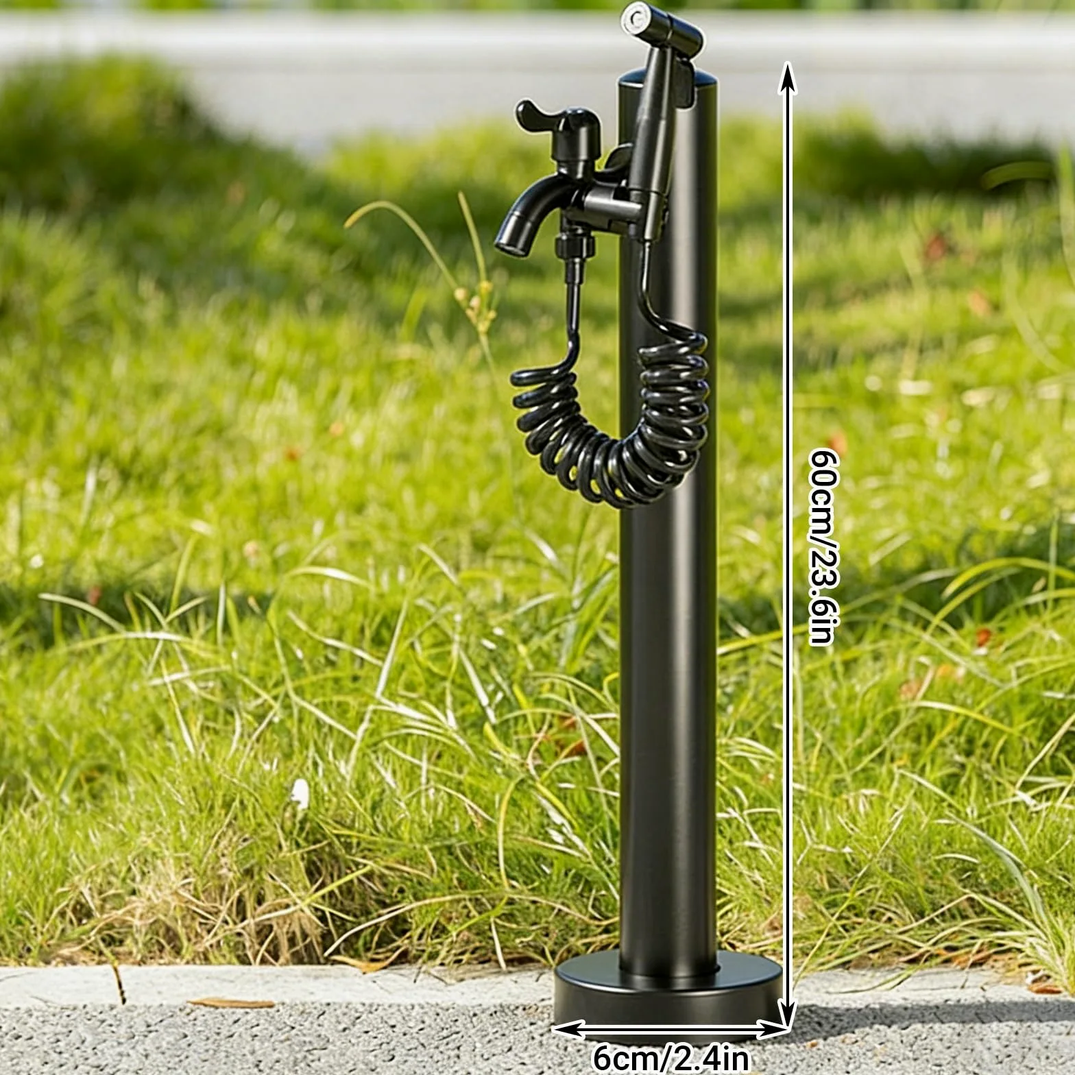 Columna de agua independiente para exteriores con doble grifo, soporte de manguera de acero inoxidable para patio y césped