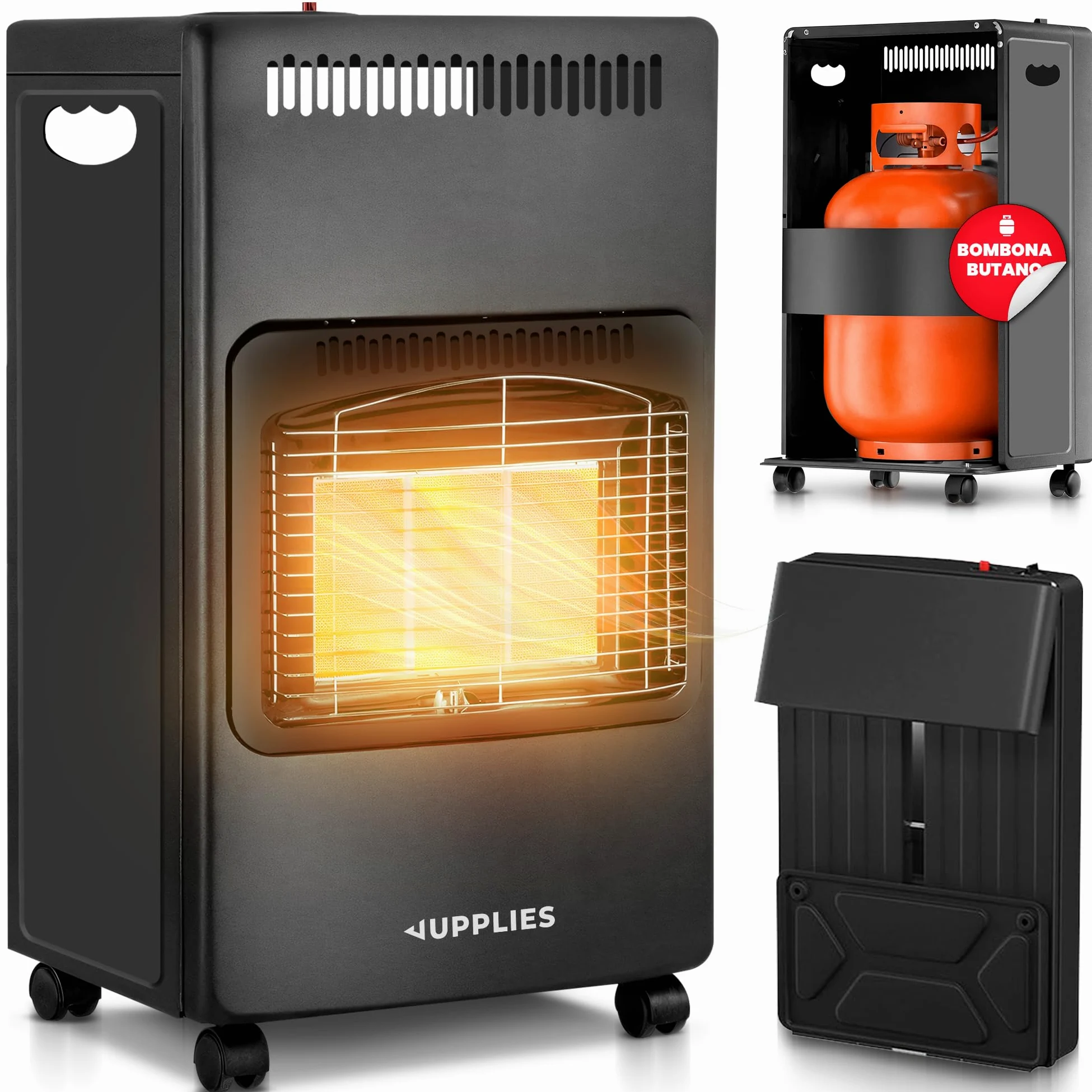 Estufa de Gas Butano Plegable 4200 W Cerámica 3 Niveles de Potencia Triple Seguridad 20-80m²