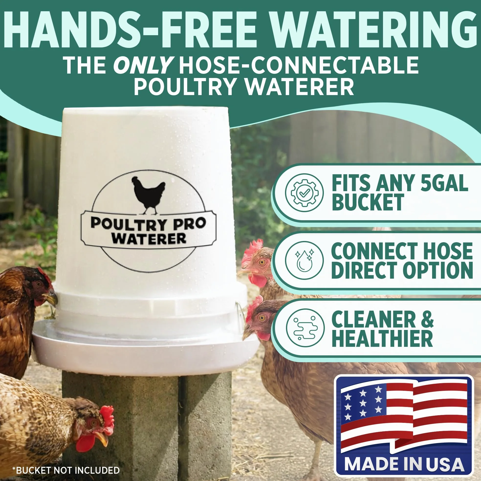 Poultry Pro - Bebedero de pollo para cubo de 5 galones, como se ve en Shark Tank, agua alimentada por gravedad manos libres para pollos, patos y pájaros pequeños, comedero de aves de corral, comedero