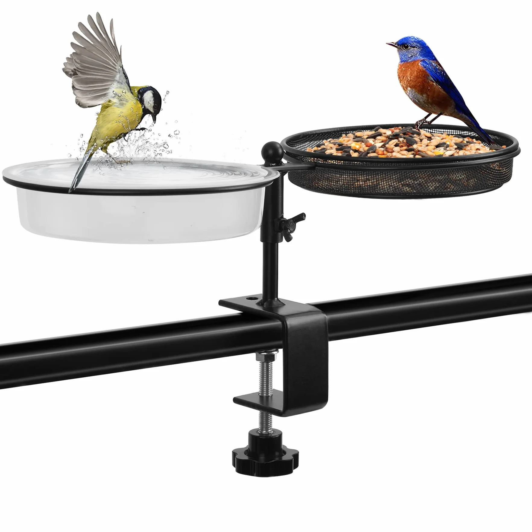 Bebedero para pájaros y comedero 2 en 1 con soporte de sujeción para barandillas de balcón, comedero colgante para pájaros, baño de agua, comedero para pájaros en el jardín o balcón