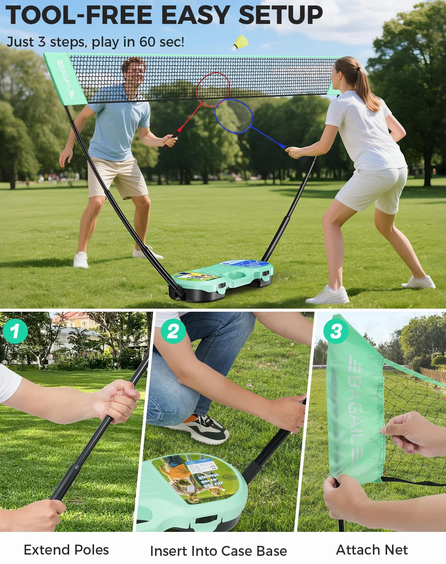BAGAIL Conjunto de Red de Bádminton Portátil con 4 Raquetas y 4 Volantes