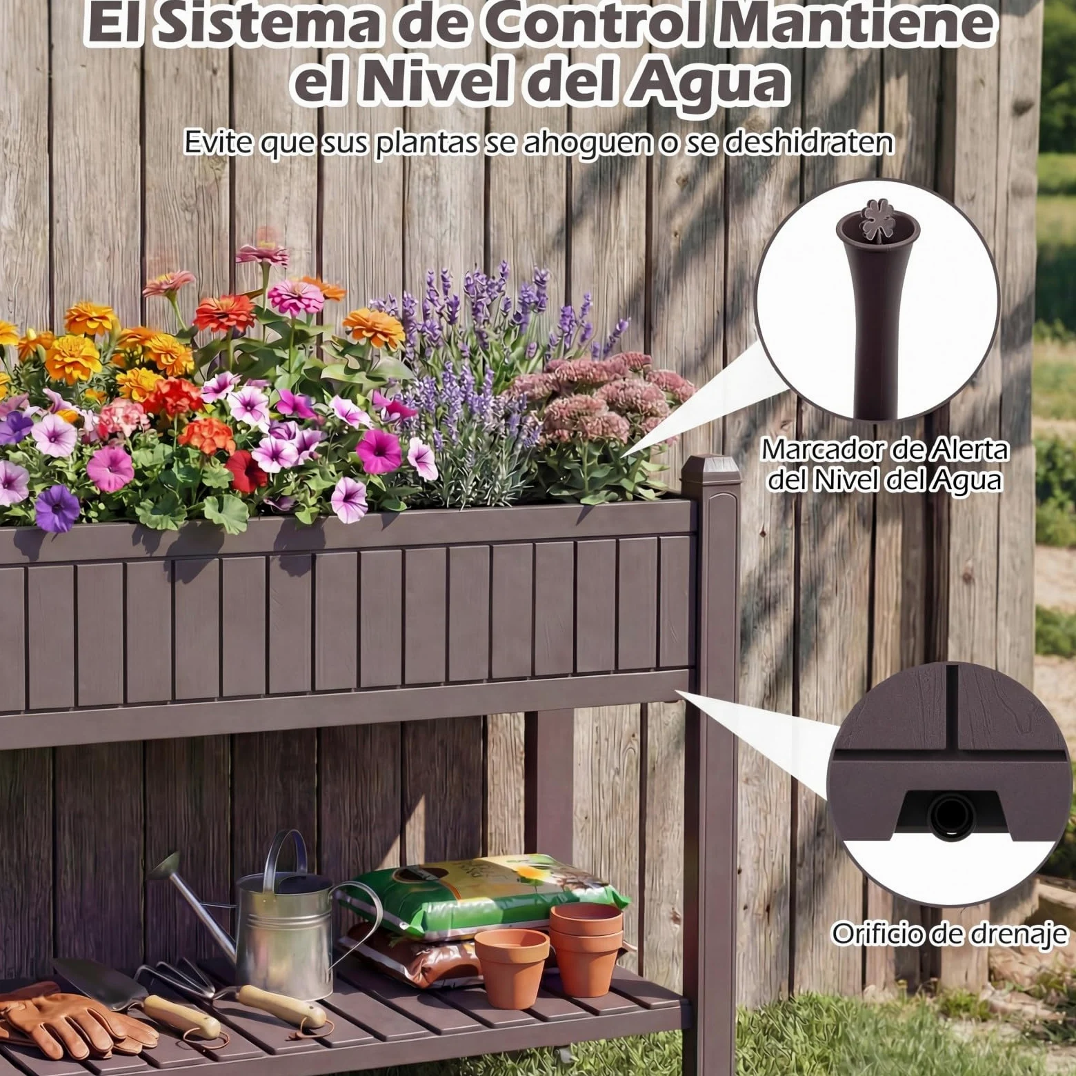 COSTWAY Huerto Urbano Elevado Mesa de Cultivo con Ruedas, Caja de Planta Divisible con Monitor de Agua, Orificio de Drenaje y Estante para Verduras y Hierbas, para Cultivo Plantas Flores Verduras